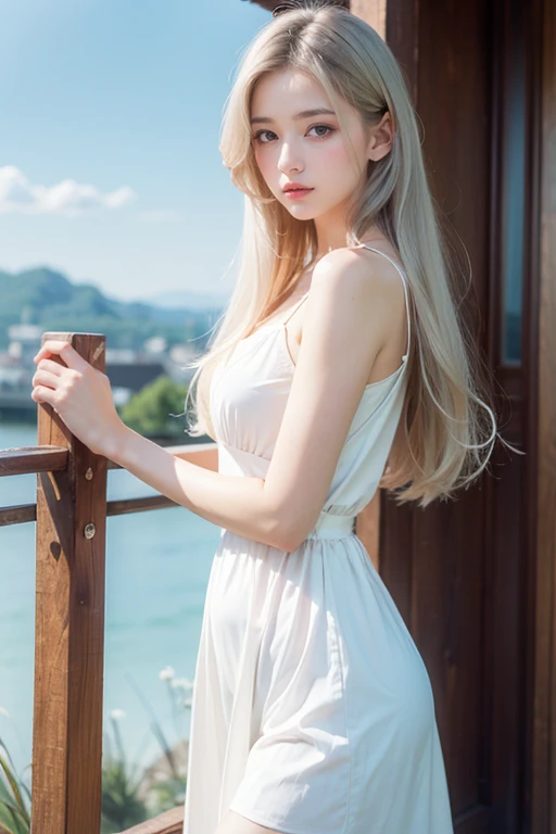 masterpiece,ultra high res,realistic,finely detail,extremely detailed,1girl,long hair,messy hair,white hair,looking at viewer,pure color background,film grain,film overlay,morning glow,pastel sky,cool tones,sun rays,soft light,dress,