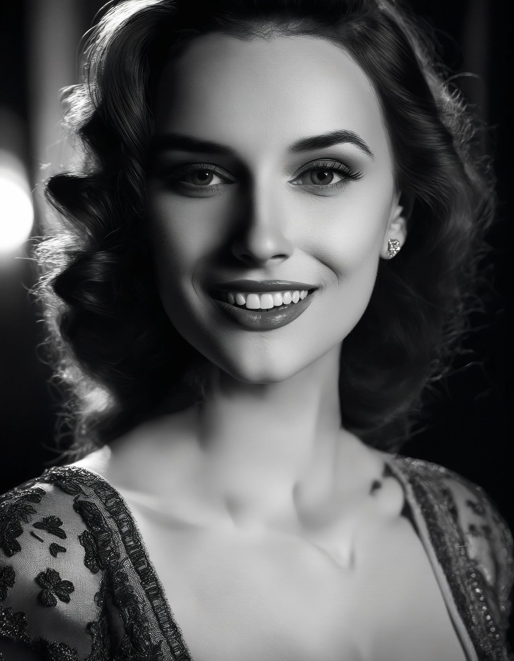 Renaissance style Captivating close-up of GloriaSolSDXL in a film noir setting, classic noir fashion, smile, dramatic lighting, shadows, mysterious allure, cinematic close-up, timeless noir film <lora:GloriaSolSDXL:1> . Realistic, perspective, light and shadow, religious or mythological themes, highly detailed