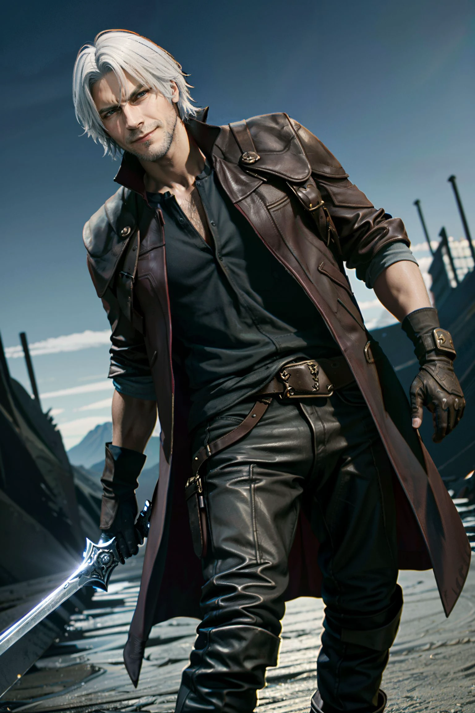 ((ultra detailed, masterpiece, absurdres))
<lora:DMC5Dante:0.9>
DMC5Dante, solo,smile,gloves,1boy,holding,standing,full body,weapon,white hair,male focus,boots,sky,teeth,black gloves,belt,sword,fingerless gloves,holding weapon,coat,facial hair,holding sword,beard,open coat,stubble,over shoulder,weapon over shoulder