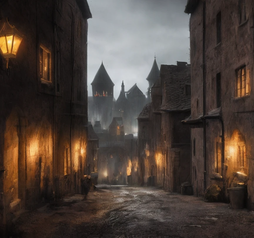 (masterpiece:1.2), (best quality,:1.2), 8k, HDR, ultra detailed, ((photorealistic)), professional light, cinematic lighting, fashion photography, ambient lighting, background, a dark medieval street leading to a gothic castle on a hill, Darkness, <lora:Darkness-10:1>, epiCPhoto,