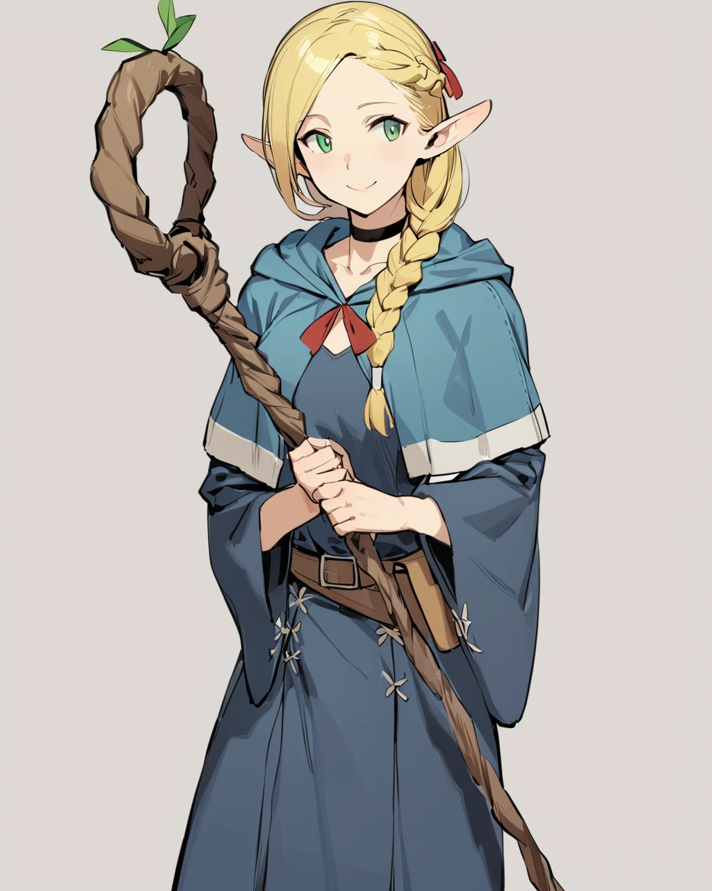 masterpiece, best qualityï¼ <lora:jingling:1>ï¼elf, pointy ears, 1girl, solo, blonde hair, braid, staff, green eyes, choker, hood, long hair, smile, holding, robe, holding staff, ribbon, hair over shoulder, hood down, hair ribbon, single braid, black choker, simple background, belt, long sleeves