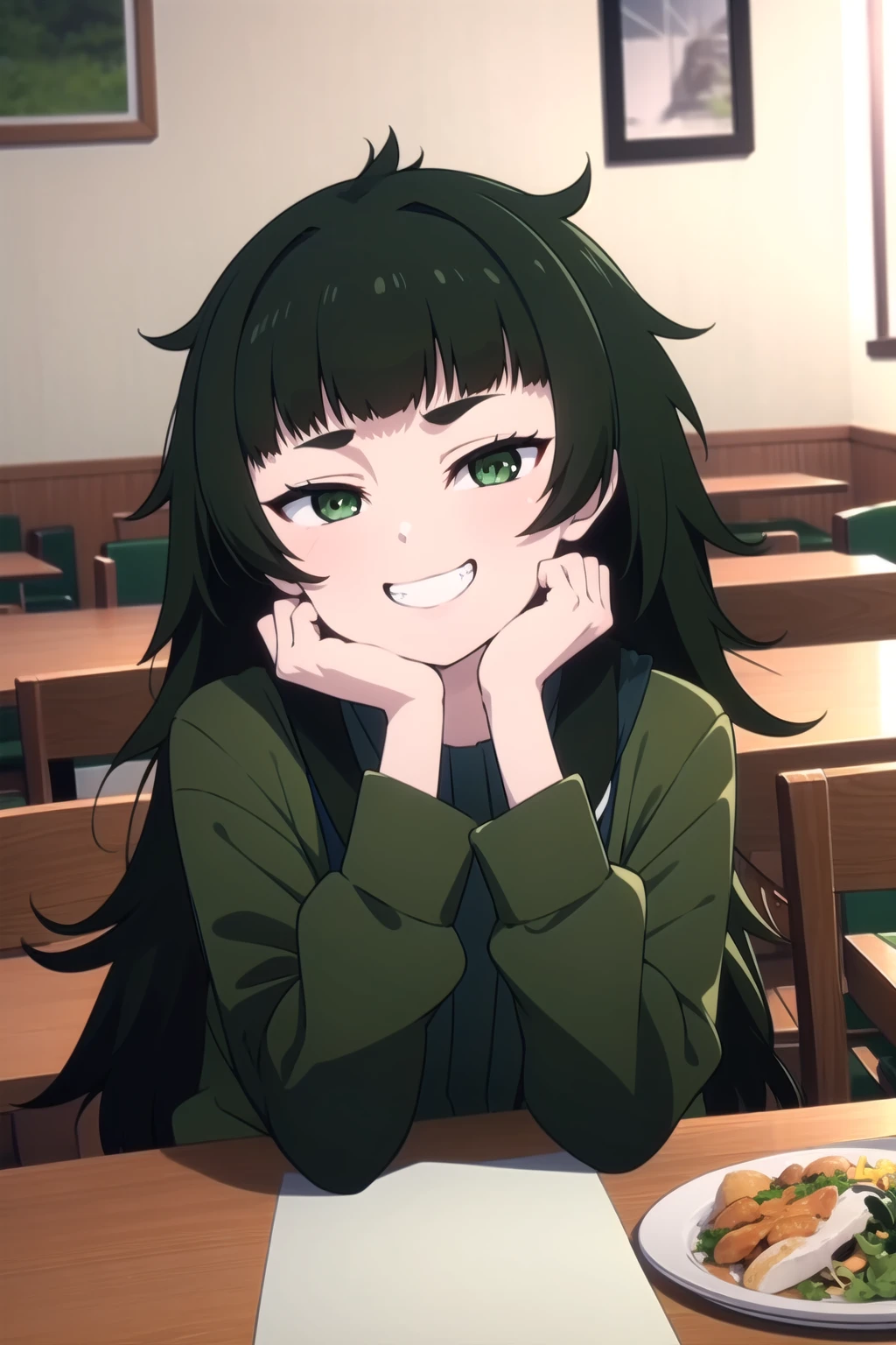 absurdres, highres, ultra detailed, <lora:MahoooV1-000009:0.9>, 1girl, maho, solo, black hair, blunt bangs, green eyes, very long hair, messy hair, green jacket, looking at viewer, grin, teeth, upper body, hand to own mouth, indoors, restaurant, food, <lora:Msgk_face:1>
