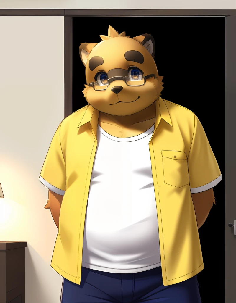 (((detailed eyes, detailed face))), (furry, kounosuke <lora:character_kounosuke_findigo_v3:1>, two-tone fur, brown snout, brown mouth, tanuki, glasses), male, (solo), (plump, fat, chubby, overweight), (yellow jacket, open clothes, shirt, blue pants), standing, (arms behind back), smile BREAK (konzaburou, ukan_muri), bedroom, (flat shading, flat color, high brightness), 8k, UHD, masterpiece, (full body)