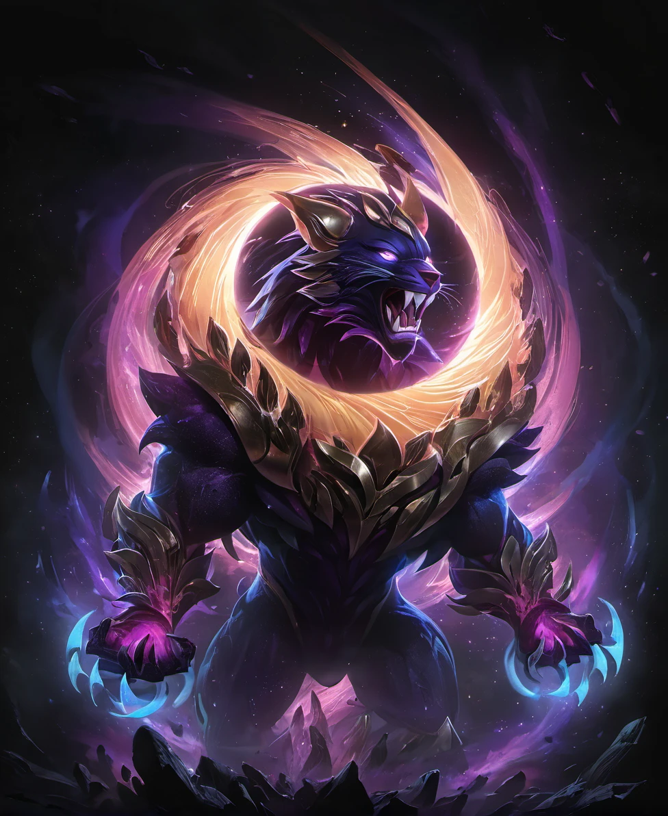 csmicvoid style,hyperdetailed photography,((masterpiece)), (best quality), official art,absolutely Epic Animal,glowing fur,enraged,roaring,surging with dark magic aura,floating particles in the air,cinematic,trending,awardwinning,in the style of aleksi briclot,ryan hewett,vivid,glowing eyes,dark,atmospheric,abstract,50nm dof,bokeh,sharp focus,ultra detailed,128k uhd,, <lora:add-detail-xl:1.5> <lora:cosmicvoidxl-000004:0.9>