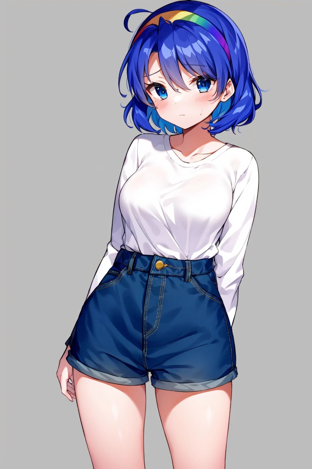 masterpiece, best quality,
<lora:tenkyuuchimata:1>,
1girl, solo, tenkyuu chimata, blue hair, shorts, blue eyes, shirt, white shirt, ahoge, alternate costume, short hair, long sleeves, hair between eyes, looking at viewer, white background, bangs, denim, closed mouth, standing, rainbow gradient, denim shorts, blush, hairband, breasts, short shorts, blue shorts, contemporary, simple background, multicolored hairband
