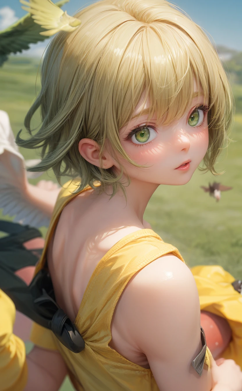 From Point of View,Upper Body,BirdâÂÂs Eye View,short_hair,yellow_shorts,green_eyes,