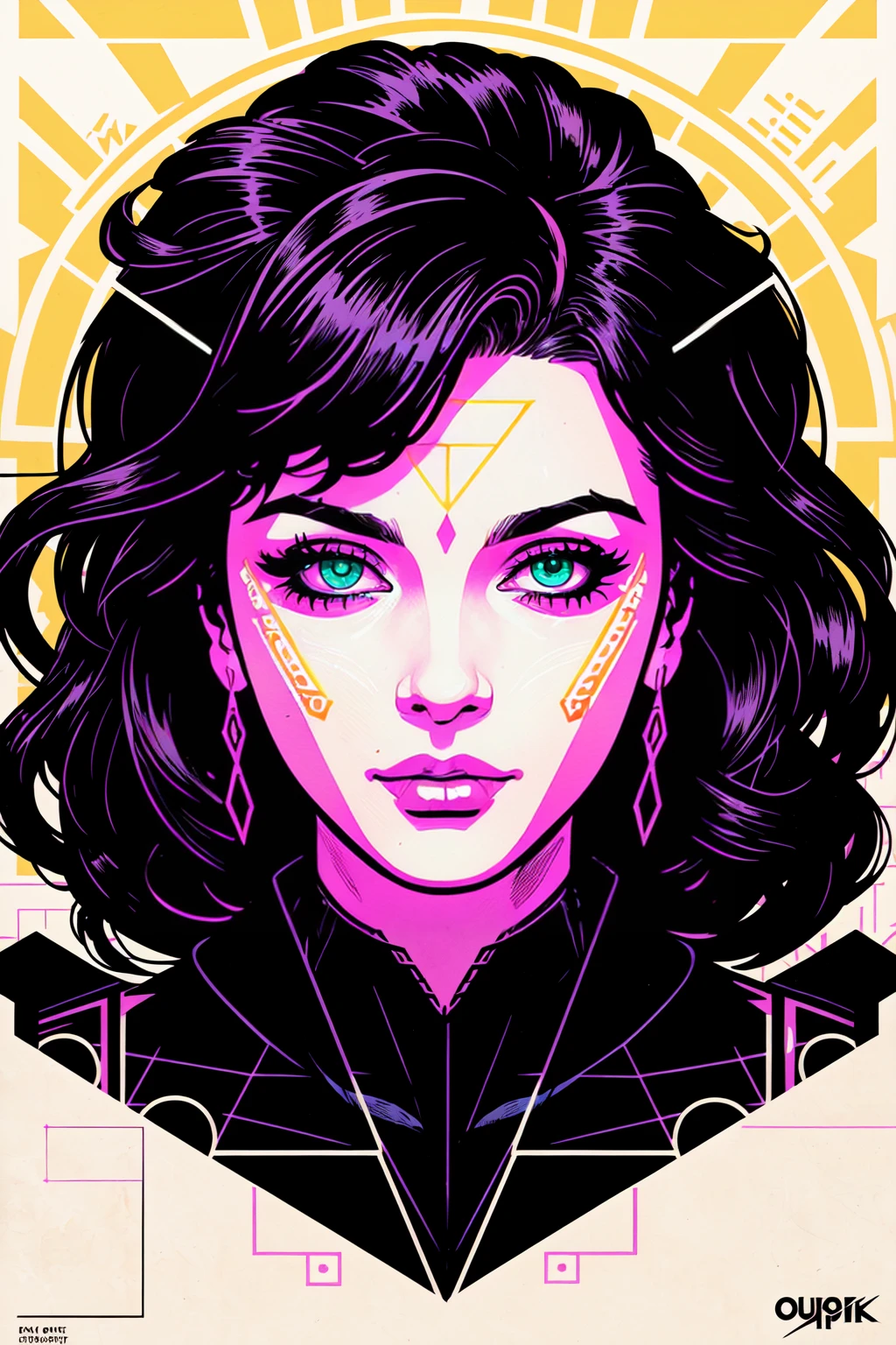 synthwave punk style, nvinkpunk , (symmetry:1.1), (portrait of floral:1.05), Charlie Bowater style, Lithography sketch of a woman as a beautiful goddess, (assassins creed style:0.8), beautiful intricate geo filegrid face paint, light leaks, geometric light grid, old paper texture, highly detailed, inked lines, art by Andy Kubert and Jim Lee, outrun, vaporwave, illustration, comic book style, shaded flat illustration, digital art, trending on artstation, highly detailed, fine detail, intricate, (fantasy), (cyberpunk), dynamic angle, CS-YBF