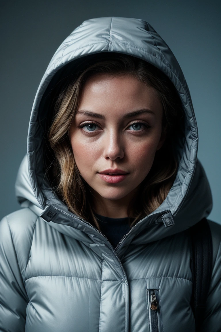 photo of (ell4c4nn0n-135:0.99), a beautiful woman, perfect hair upsweep updo, (modern photo, Gainsboro Gray Oversized puffer coat with a faux fur-trimmed hood in a metallic finish), 24mm, (analog, cinematic, film grain:1.3), ((plain Baby Blue background, gradient:1.2)), detailed eyes, (seductive pose), (epicPhoto), (looking at viewer), (cinematic shot:1.3), PA7_Portrait-MCU
