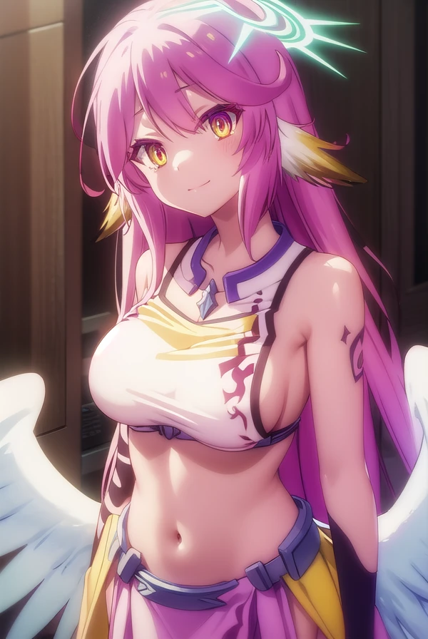 jibril, <lora:jibril s1-lora-nochekaiser:1>,
BREAK jibril, angel, angel wings, animal ears, bird ears, compass rose halo, feathered wings, feathers, gradient hair, halo, long hair, low wings, multicolored hair, navel, pink hair, symbol-shaped pupils, tattoo, white wings, wing ears, wings, (yellow eyes:1.5), smile,
BREAK asymmetrical legwear, crop top, cross, gloves, mismatched legwear, sideboob,
BREAK indoors, library,
BREAK looking at viewer, (cowboy shot:1.5),
BREAK <lyco:GoodHands-beta2:1>, (masterpiece:1.2), best quality, high resolution, unity 8k wallpaper, (illustration:0.8), (beautiful detailed eyes:1.6), extremely detailed face, perfect lighting, extremely detailed CG, (perfect hands, perfect anatomy),