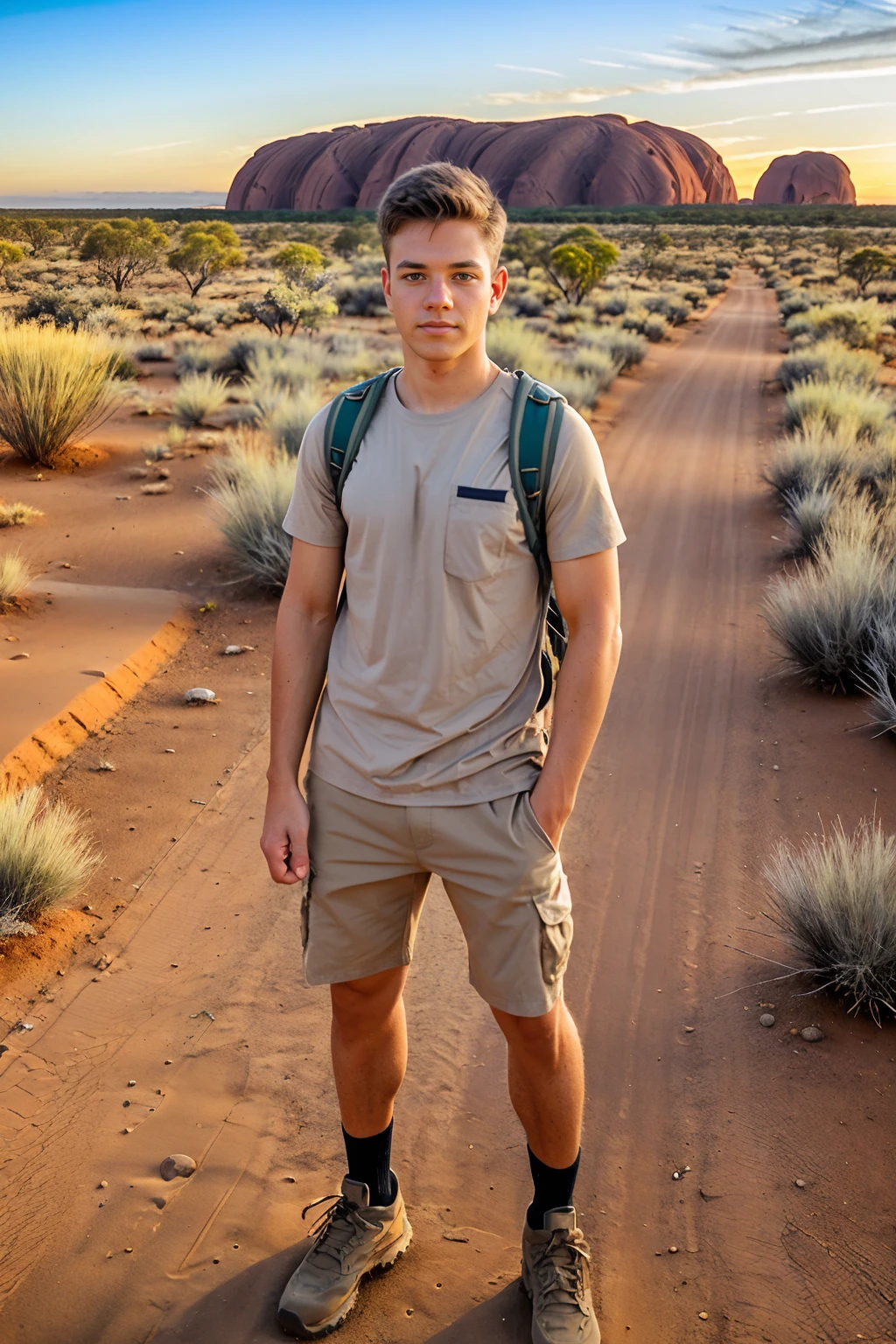 Australian outback, evening, Uluru in the background, ConnorPeters, wearing beige shirt, khaki hiking shorts, hiking boots, wearing backpack, ((full body portrait)), wide angle <lora:ConnorPeters:0.8>