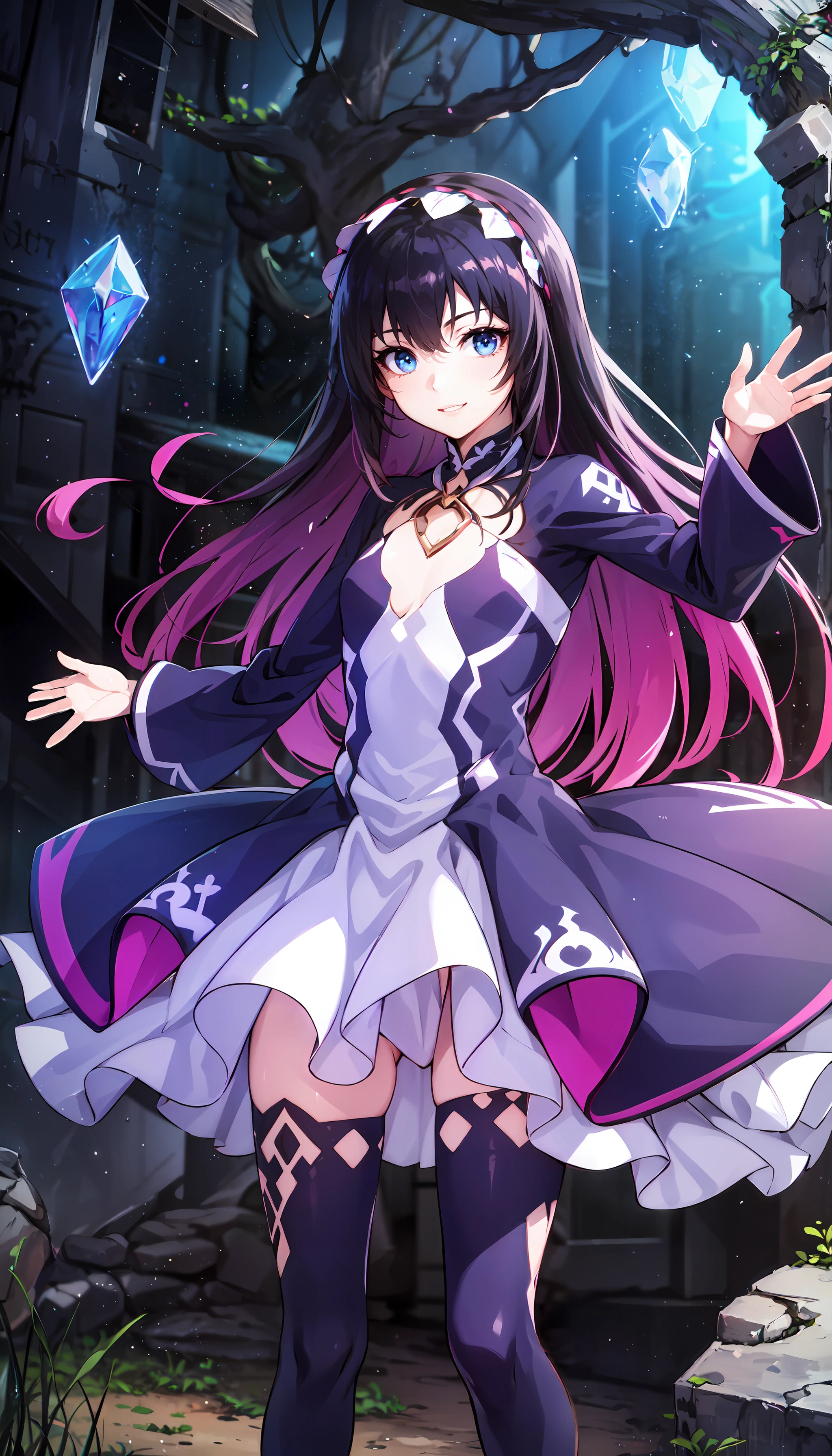 photorealistic, (4k), depth of field, (Masterpiece), (realistic skin texture), extremely detailed, intricate, hyper detailed, professional photography, bokeh, high resolution, sharp detail, best quality, girl, <lora:GoodHands-beta2:1> , <lora:detail_slider_v4:0.8> , purple and white dress, long sleeves, frills, long hair, purple hair, purple legwear, blue eyes, headdress, outstretched hand, petite, <lora:Nemesis-000004:0.8> , crystal cavern, luminescent crystals, underground pools, reflections of light, mystical formations, ancient runes, subterranean echoes, serene glow, hidden wonders, quiet contemplation
