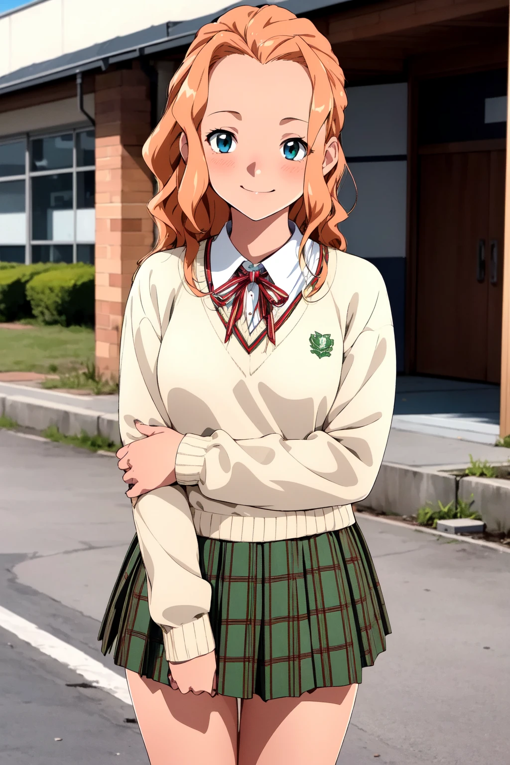(RAW photo, best quality), 1girl, smile, solo, outdoor, in front of a school,
<lora:innai_kansen_shite_mizuho_v2_2-000003:1>, shite mizuho,
school uniform, ribbon, sweater, plaid skirt, beautiful legs, long legs, loose socks,