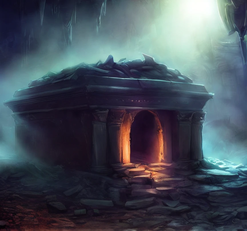 (masterpiece:1.2), (best quality,:1.2), 8k, HDR, ultra detailed, ((photorealistic)), professional light, cinematic lighting, fashion photography, ambient lighting, background, a dark and sinister underground tomb with a broken sarcophagus, Darkness, <lora:Darkness-10:1>, epiCPhoto,