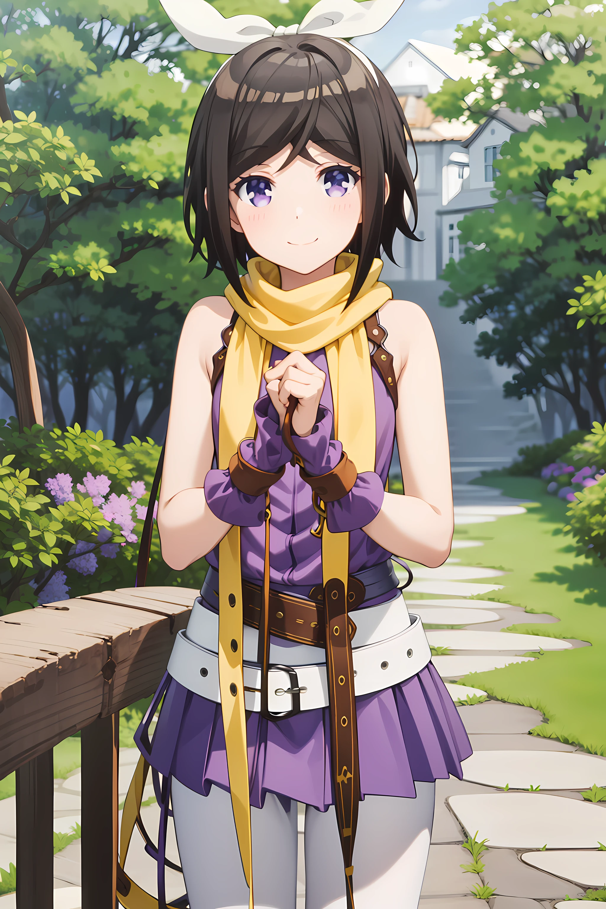 best quality, masterpiece, detailed,
<lora:ImoutoSaeIrebaIi_HashimaChihiro:0.9>, HashimaChihiro,
solo, closed mouth, smile,
short hair, brown hair, purple eyes, hair bow, yellow bow,
ChihiroRPH, yellow scarf, white pantyhose, belt, white belt, purple shirt, purple skirt, sleeveless, arm warmers,
standing, looking at viewer,
outdoors, forest, day