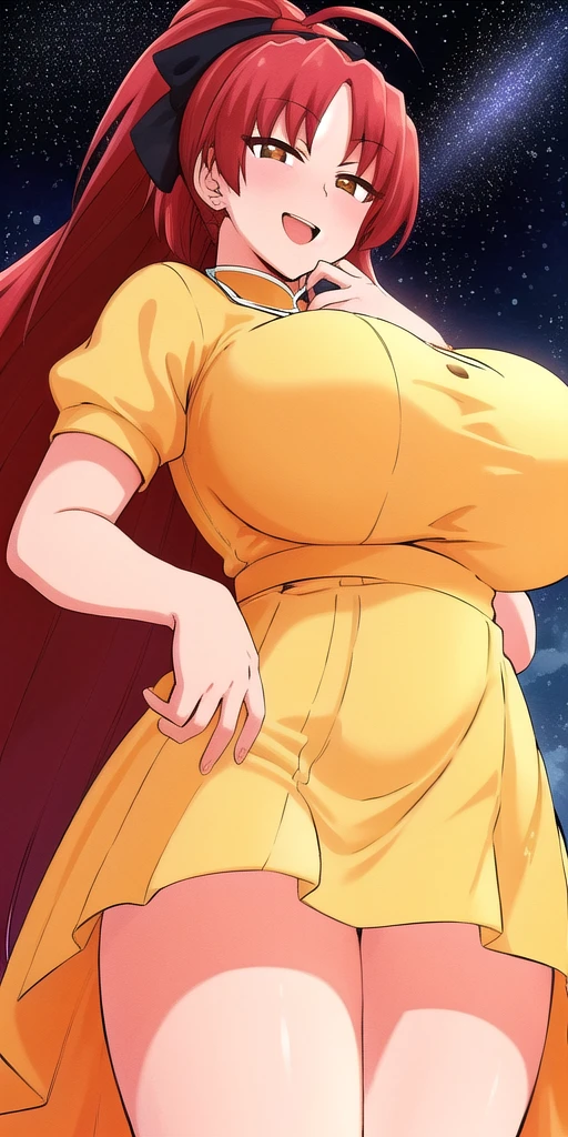 <lora:kyouko_sakuraV1:0.7> kyouko_sakura, huge_breasts, standing, solo, yellow_dress, starry_sky,, masterpiece, best quality, detailed face, detailed eyes, highres,