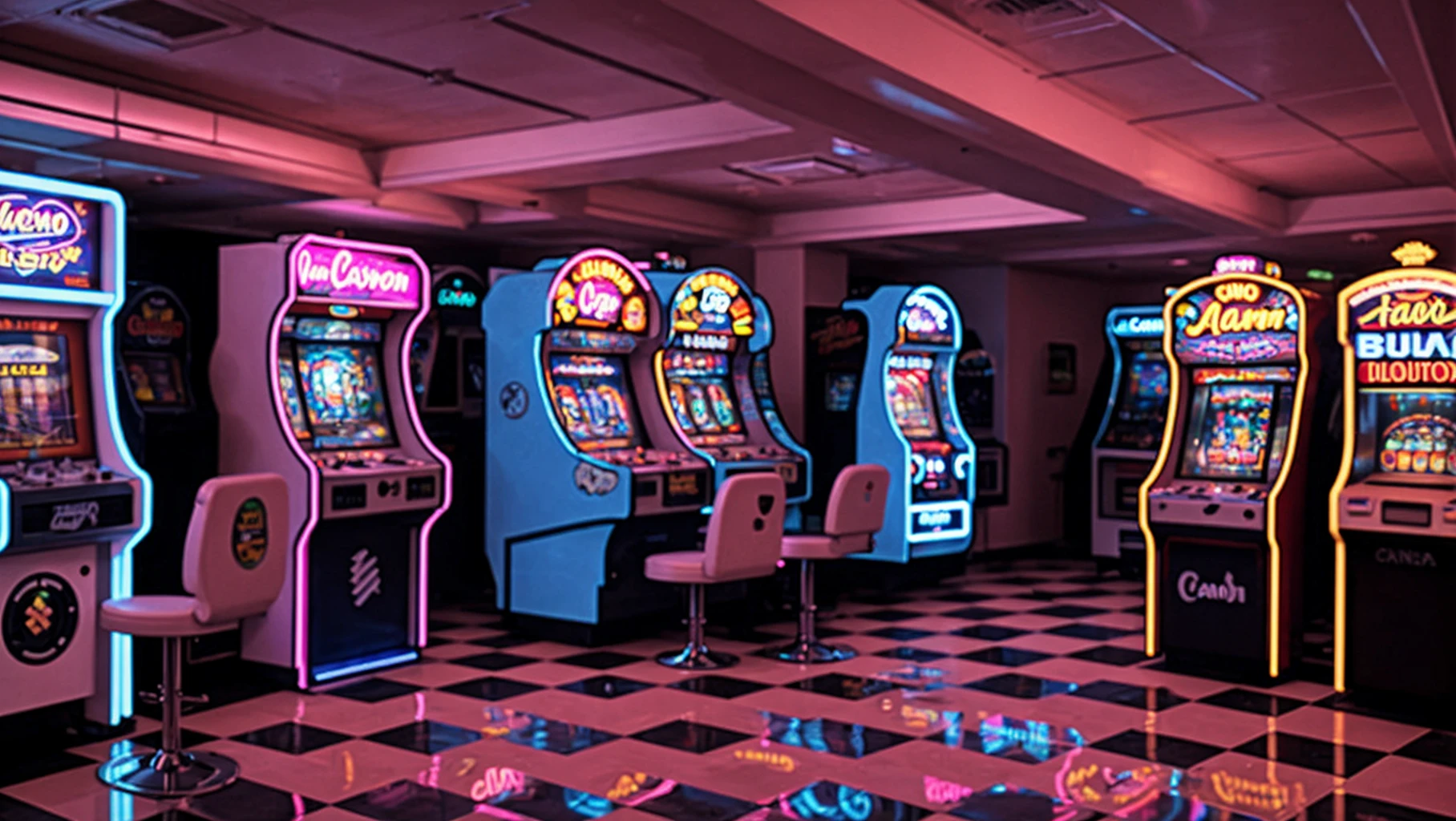 masterpiece, official art, checkered floor, indoors, neon lights, no humans, indoors, loud speaker on the ceiling, casino vibes, a line of arcade machines, expressive, vibrant, neon, retro photography, 1980s, checker tile floor, high detailed, 8k, outrun, electric light wires, ultra sharp, extremely detailed, Photorealistic, Canon EOS Mark IV