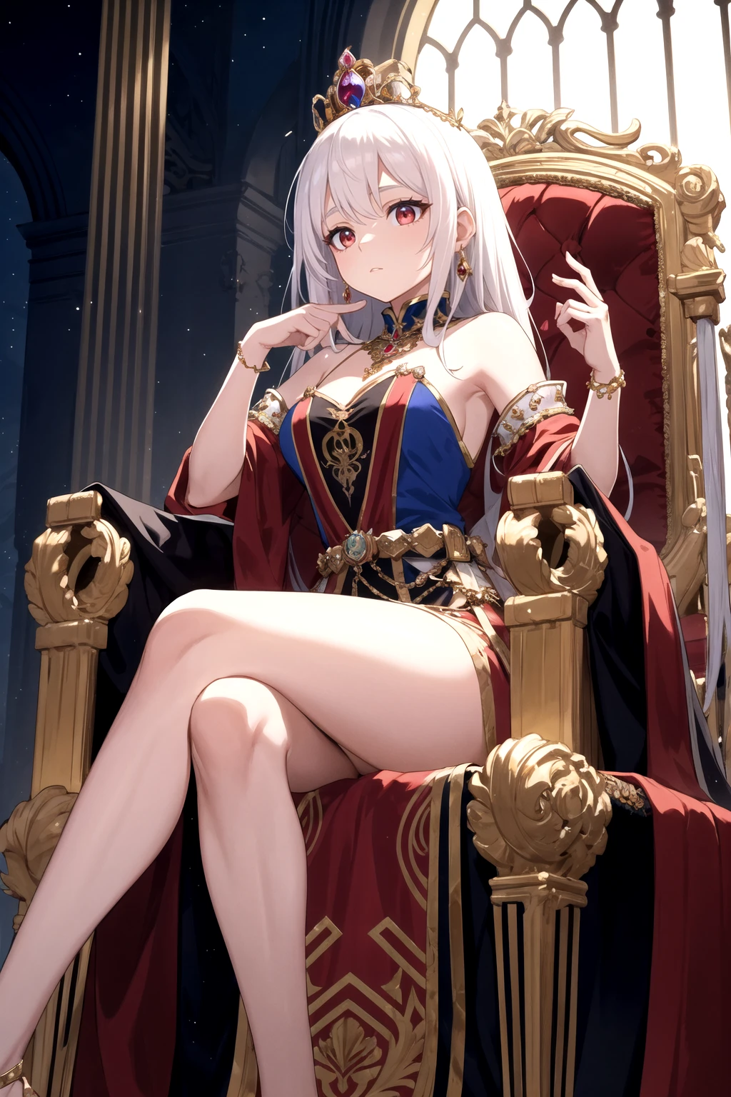 ((1 woman queen, woman with penis, erect penis)),((with a cloak on her back, with crown))),((gigantic breasts, bare breasts, erect breasts, grabbing breasts)),((white hair) ),((brown eyes, desperate face)),((sitting on a golden throne,sitting on his back, right leg over left leg)),((in a haunted castle, at night)),((1 arm behind your back)),