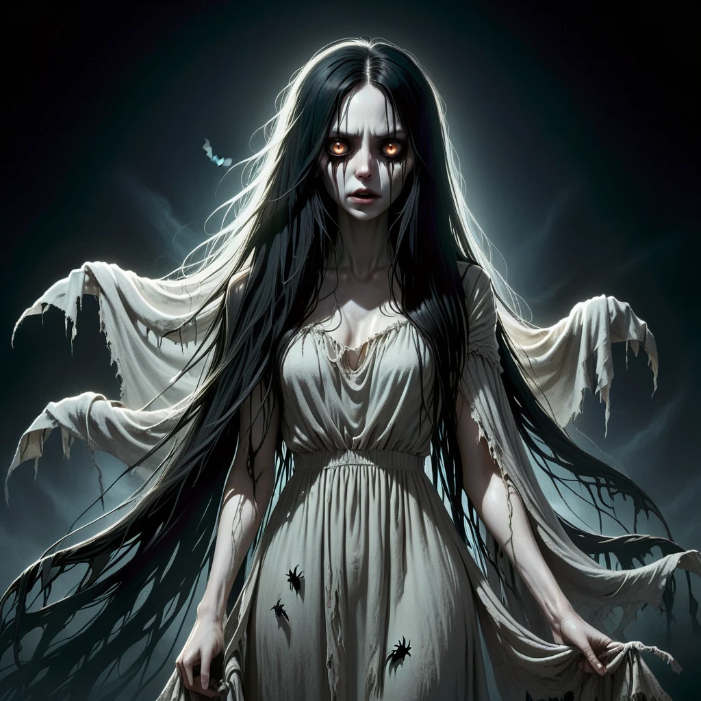 <lora:hw_ghostly_XL:1> hwghostly, spirit 1girl, long hair, black hair, hair over eyes, pale skin, long dress, long tattered rags, glowing eyes, looking at viewer, horror,