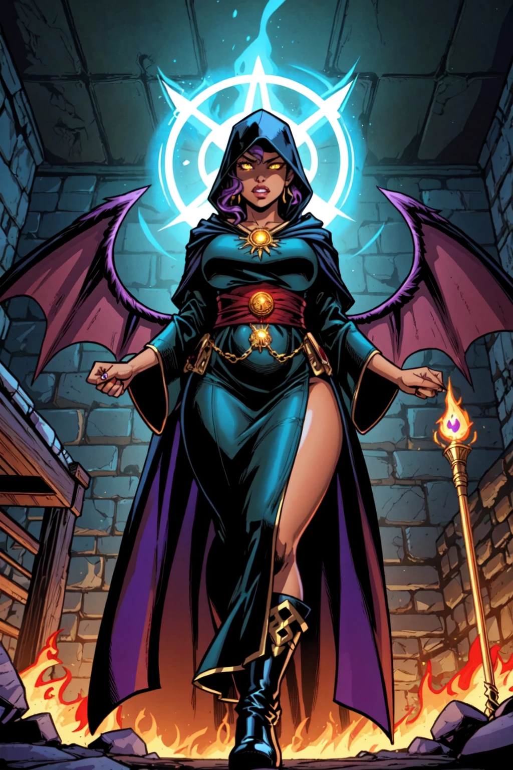 Lisa Ann: The evil nun, Demon horn, Demon wings on the head , sexy robe de nonne, His hands preparing a sphere of purple energy, diabolique, insidieux, Lightning strikes the post-apocalyptic ruins of a city , Context of the Satanic Church, detailled eyes, detailed hands