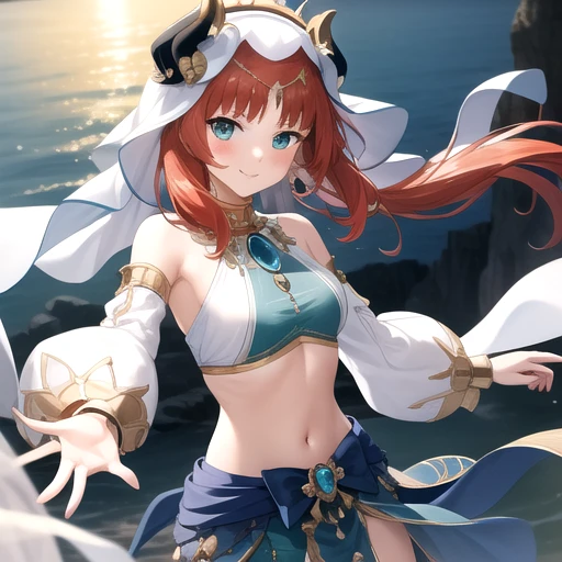 ((masterpiece)),(best quality),official art,extremely detailed CG,unity 8k wallpaper,ultra detailed,A lighthouse on a cliff by the sea,1girl,solo,upper body,looking at viewer,gladiator_sandals,smile,stomach,veil,harem_outfit,red_hair,navel,jewelry,blue_skirt,puffy_long_sleeves,twintails,puffy_sleeves,crop_top,neck_ring,bracer,circlet,aqua_eyes,medium_breasts,parted_bangs,dancing,brooch,floating_hair,detached_sleeves,blush,fake_horns,white_headwear,gold_trim,gold_footwear,sidelocks,<lora:Nilou(gen)>,