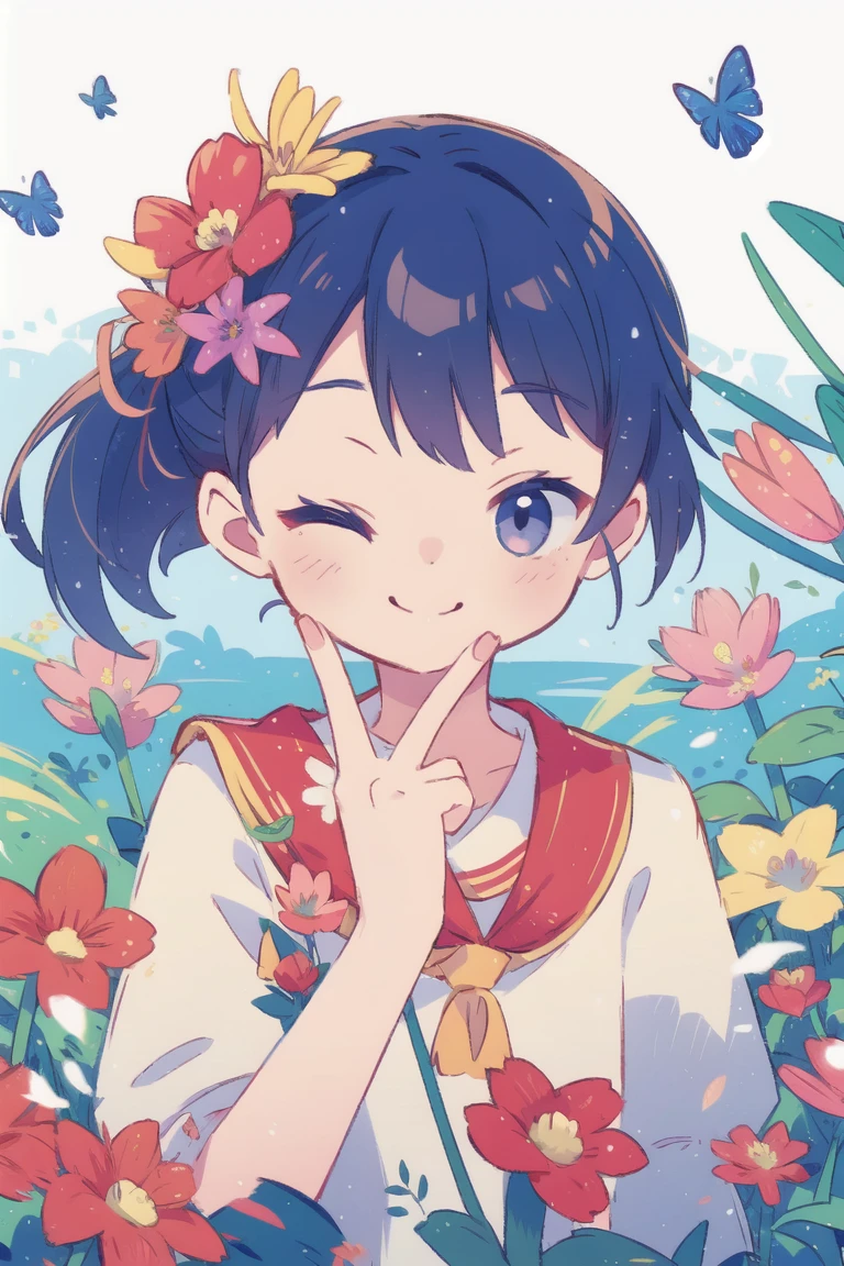 solo, 1girl, one-eye closed, smile, tricolor, flower, v over mouth, inward v