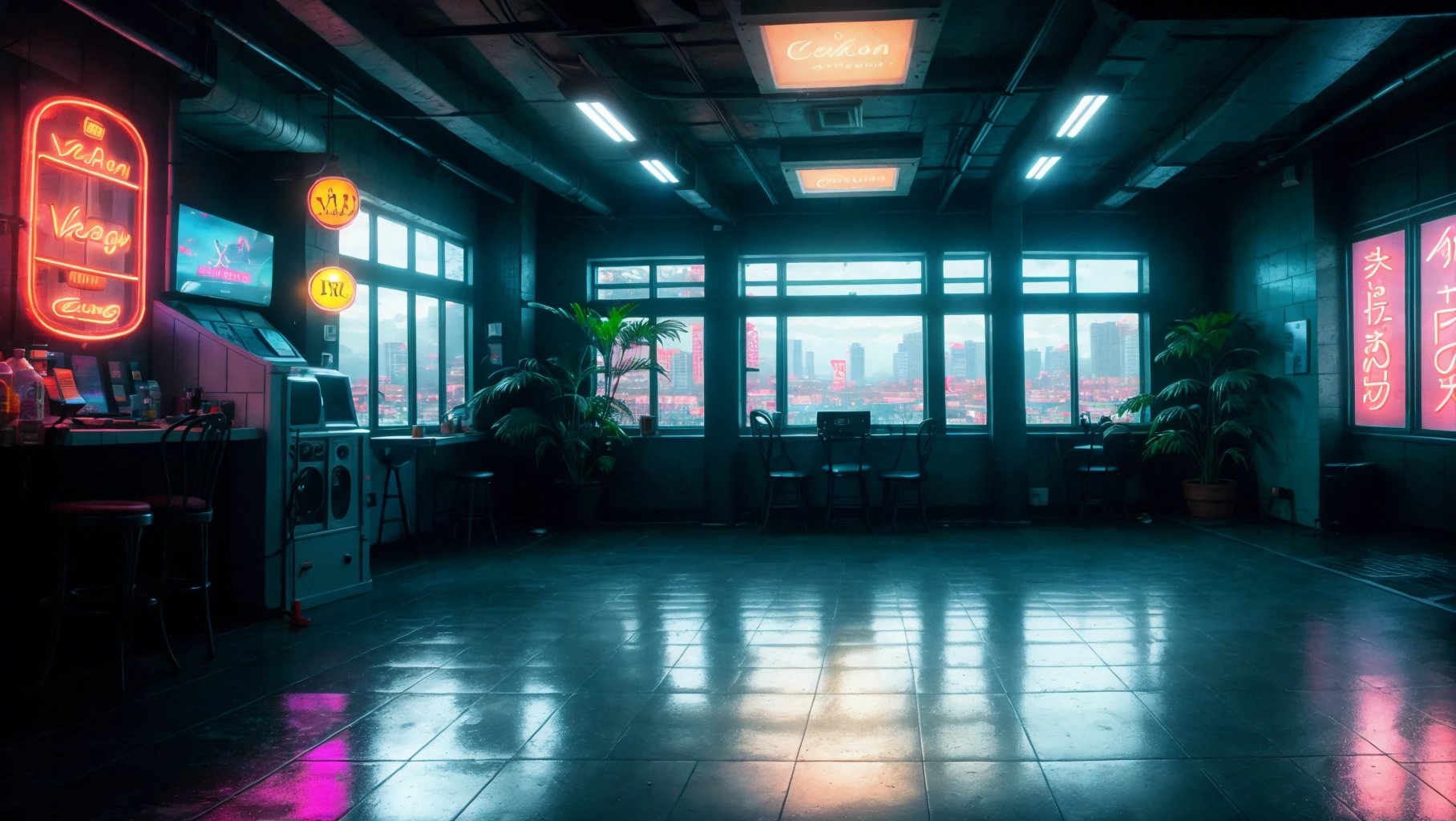 masterpiece, official art, checkered floor, indoors, neon lights, no humans, indoors,building, cloud, no humans, outdoors, pillar, plant, reflection, scenery, sky, tile floor, tiles, tree, water, window, , high detailed, 8k, outrun, electric light wires, ultra sharp, extremely detailed, Photorealistic, Canon EOS Mark IV
