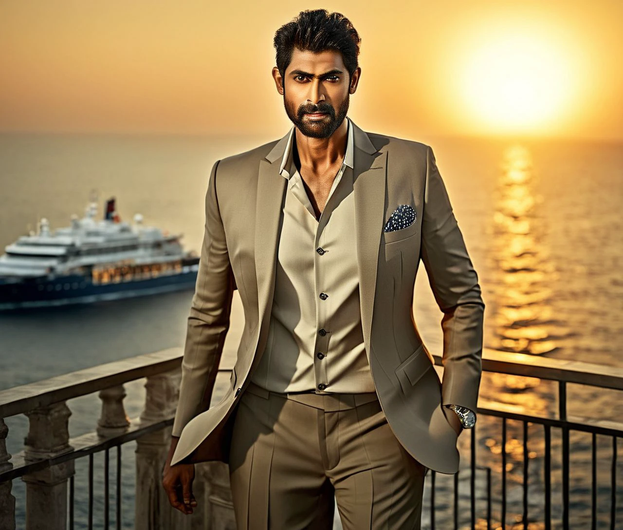 Nautical-themed (Photo:1.3) of (Ultrarealistic:1.3) <lora:Man_Men_FFashion:1> Sendhil Ramamurthy a man <lora:rana-daggubati_Sendhil-Ramamurthy:1> in a tan suit standing on a balcony, sun behind him, inspired by Pablo Munoz Gomez, shot at golden hour, editorial photograph, midshot of a hunky, by Roman Bezpalkiv, by Artur Tarnowski, maxim sukharev, by Gabor Szikszai,Highly Detailed,(Mono Color:1.3) . Sea, ocean, ships, maritime, beach, marine life, highly detailed