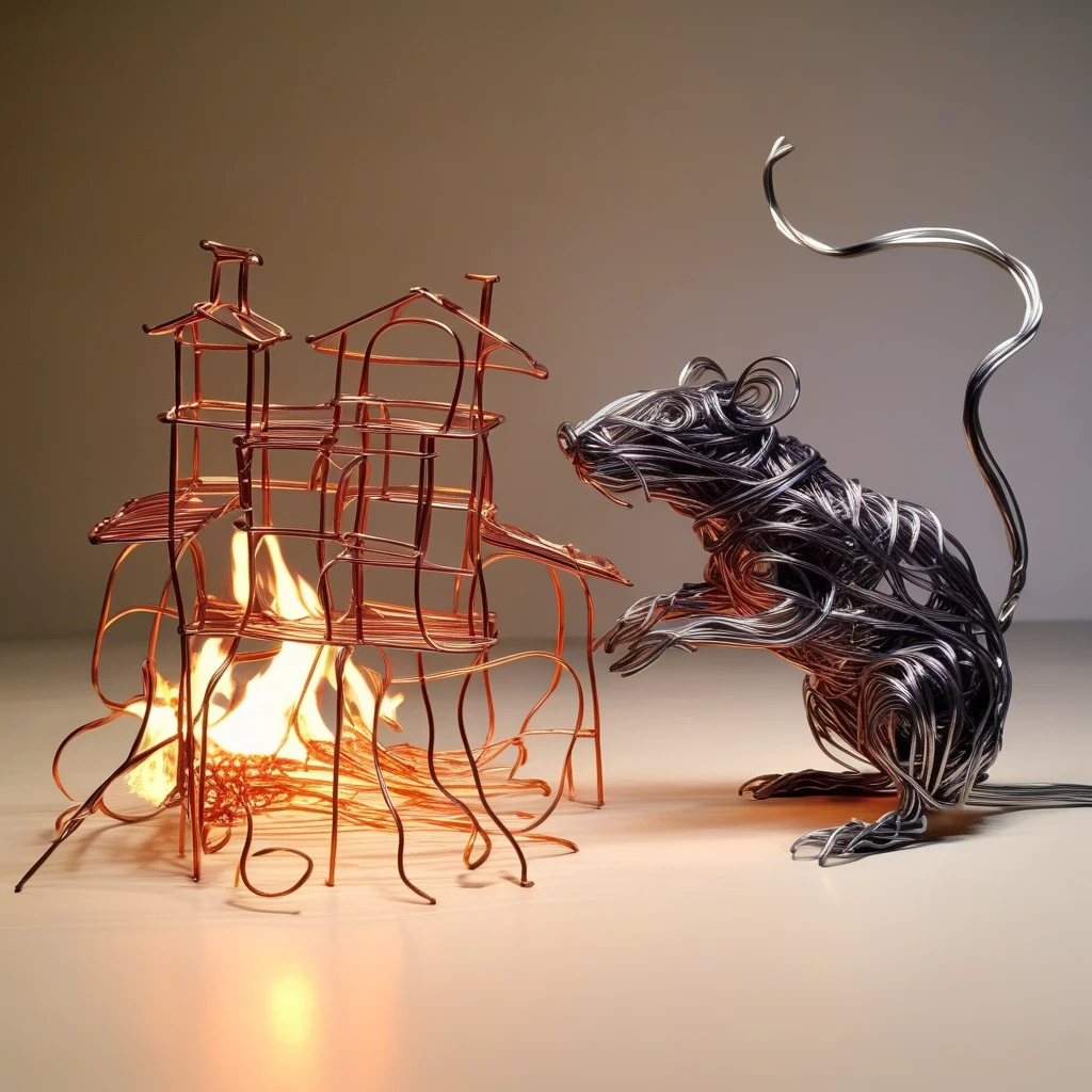 wirex wire sculpture rat in the background, burning houses, destroyed cars, darkness, flames <lora:wirex:0.8>