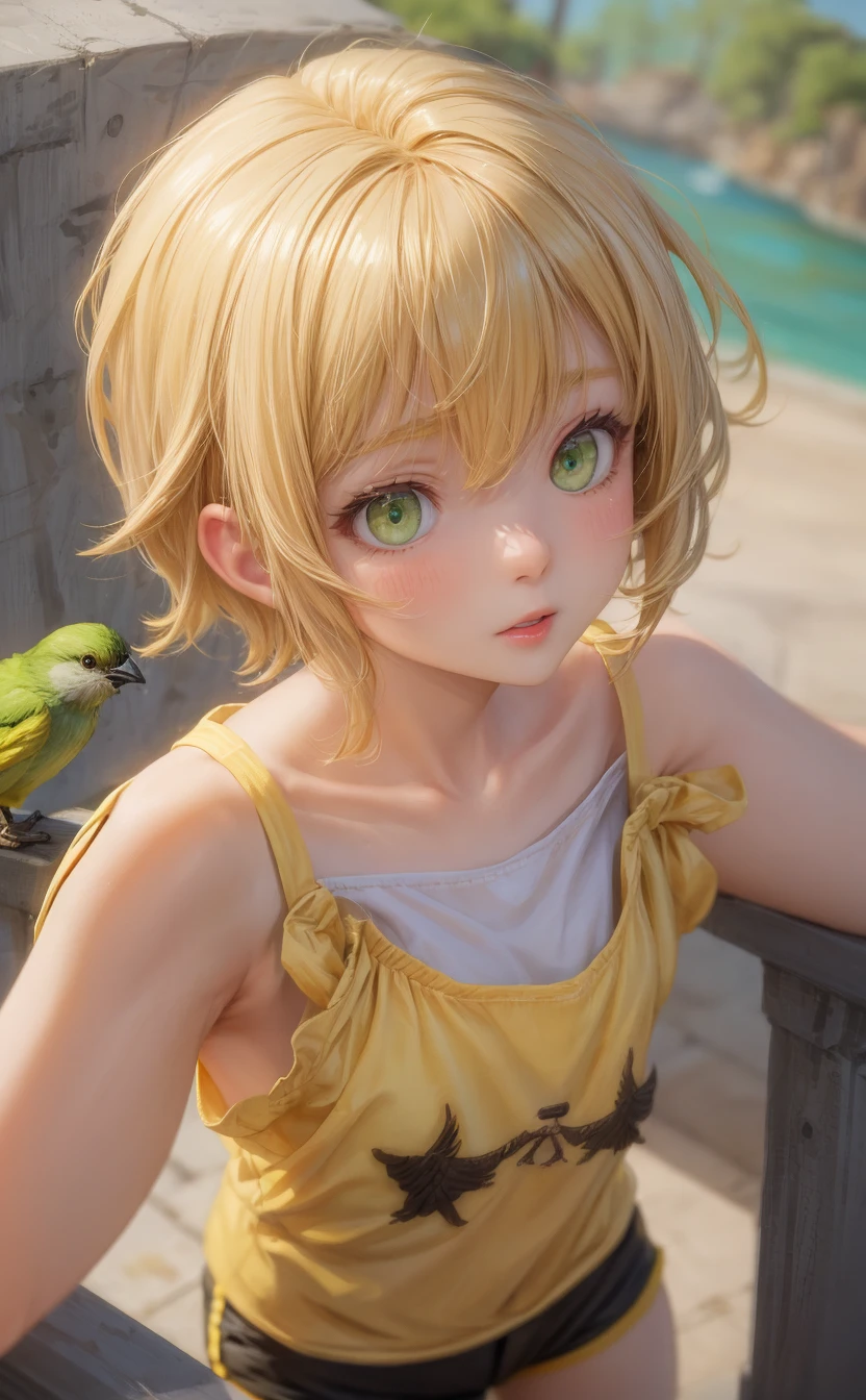 From Point of View,Upper Body,BirdâÂÂs Eye View,short_hair,yellow_shorts,green_eyes,