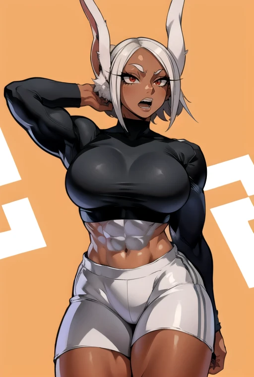 masterpiece,best quality,extreme detail,8k,<lora:mirko-12:0.8>,mirko2,1girl,solo,breasts,looking at viewer,short hair,open mouth,large breasts,simple background,red eyes,long sleeves,white background,navel,animal ears,white hair,thighs,cowboy shot,shorts,teeth,midriff,artist name,dark skin,rabbit ears,arms up,dark-skinned female,crop top,black shirt,muscular,thick thighs,black shorts,abs,toned,sportswear,rabbit girl,muscular female,long eyelashes,