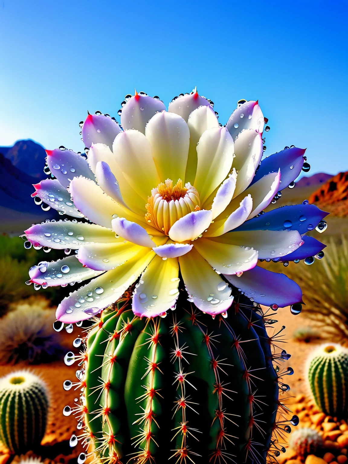 the rare moment when a desert cactus flower blooms, its delicate petals adorned with ais-waterdrops, symbolizing life thriving in harsh conditions <lora:Waterdrops_Style_SDXL:1>