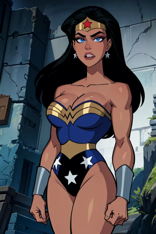 masterpiece,best quality,extreme detail,8k,<lora:wonder:0.8>,wonder2,1girl,solo,long hair,breasts,blue eyes,black hair,cleavage,bare shoulders,jewelry,earrings,teeth,dark skin,star (symbol),leotard,dark-skinned female,makeup,tiara,lipstick,clenched hands,star print,star earrings,superhero,