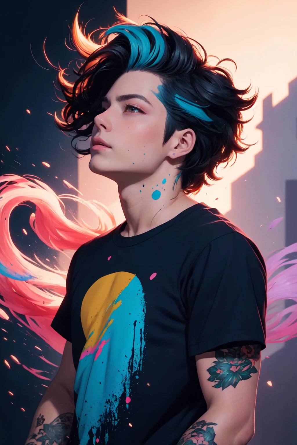 (masterpiece, best illustration, extreme light and shadow), swpunk, synthwave, 1boy, male focus, wild hair colors, award winning half body portrait of a femboy in a long tshirt with ombre navy blue teal hairstyle with head in motion and hair flying, paint splashes, splatter, outrun, vaporware, shaded flat illustration, digital art, trending on artstation, highly detailed, fine detail, (dynamic angle), depth of field, tattoos, (sidelighting), in the style of stanley lau, art by artgerm, (volumetric lighting), paint splatters