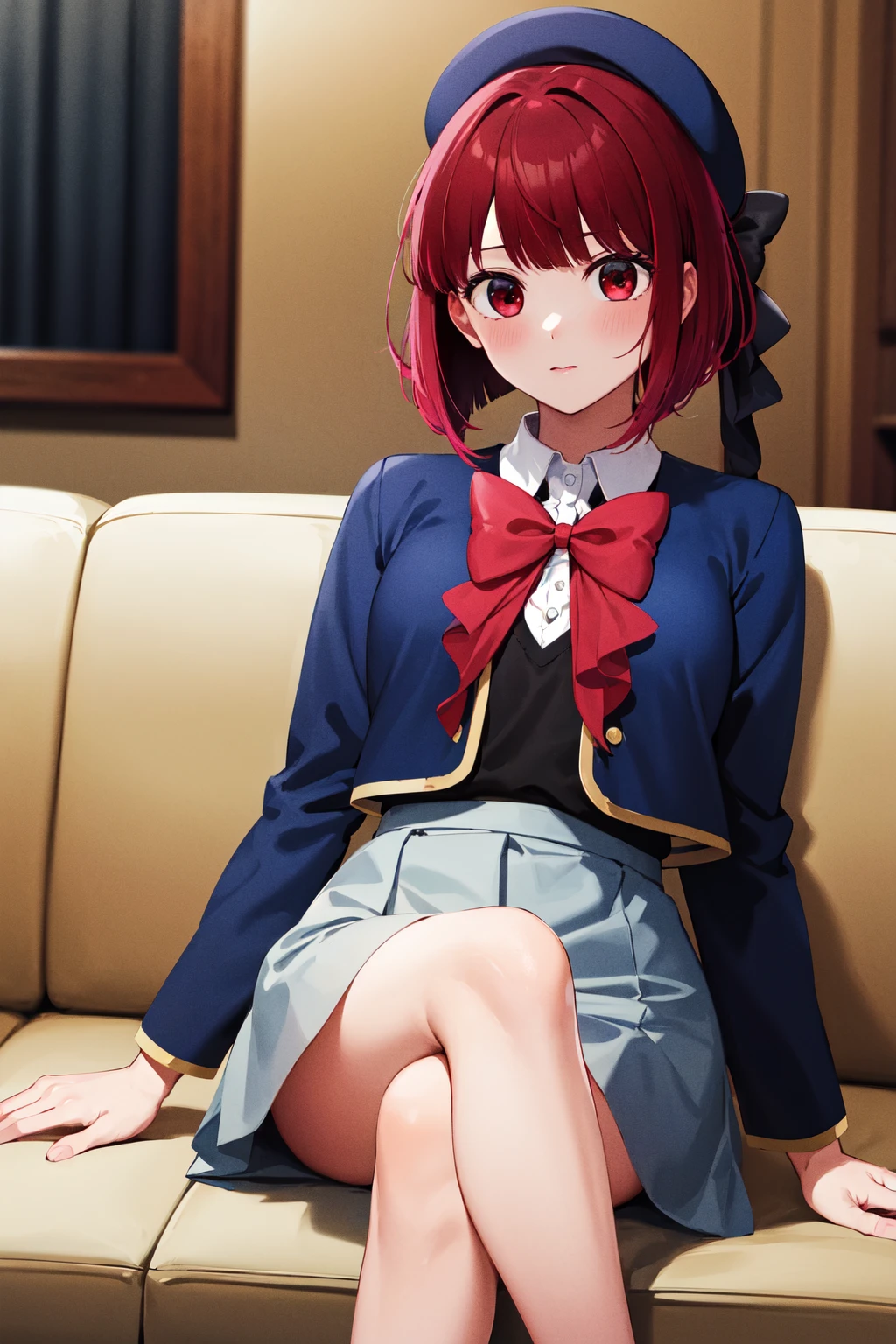 Red-haired girl with open legs, bob-haired girl wearing white panties with ribbon that opened legs and cut into the crotch, Moriman, crab ??????, sheer ??????, legs open at M, taken from below, butt meat, digging panties, red eyes, glaring, watery eyes, frightened face, beautiful woman, lying on bed, realistic, masterpiece, high quality,blue hat, hat, bow, pink bow tie, school uniform, blue jacket, jacket, skirt, Grey skirt, shirt, white shirt, feet, black socks