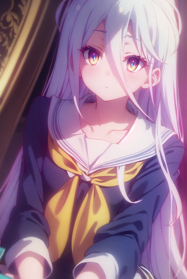 ngnlshiro, <lora:ngnl shiro s1-lora-nochekaiser:1>,
shiro, long hair, hair between eyes, very long hair, white hair, messy hair, (yellow eyes:1.3),
BREAK crown, shirt, long sleeves, school uniform, serafuku, sailor collar, neckerchief, white sailor collar, yellow neckerchief,
BREAK indoors,
BREAK looking at viewer, (cowboy shot:1.5),
BREAK <lyco:GoodHands-beta2:1>, (masterpiece:1.2), best quality, high resolution, unity 8k wallpaper, (illustration:0.8), (beautiful detailed eyes:1.6), extremely detailed face, perfect lighting, extremely detailed CG, (perfect hands, perfect anatomy),