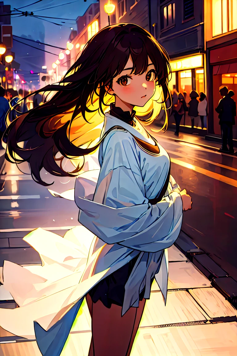 1girl, (in love, in love expression:0.7), looking at viewer, (brown eyes:1.2), (long hair), deep v top, night street, (balanced photo, balanced exposure:1.2),