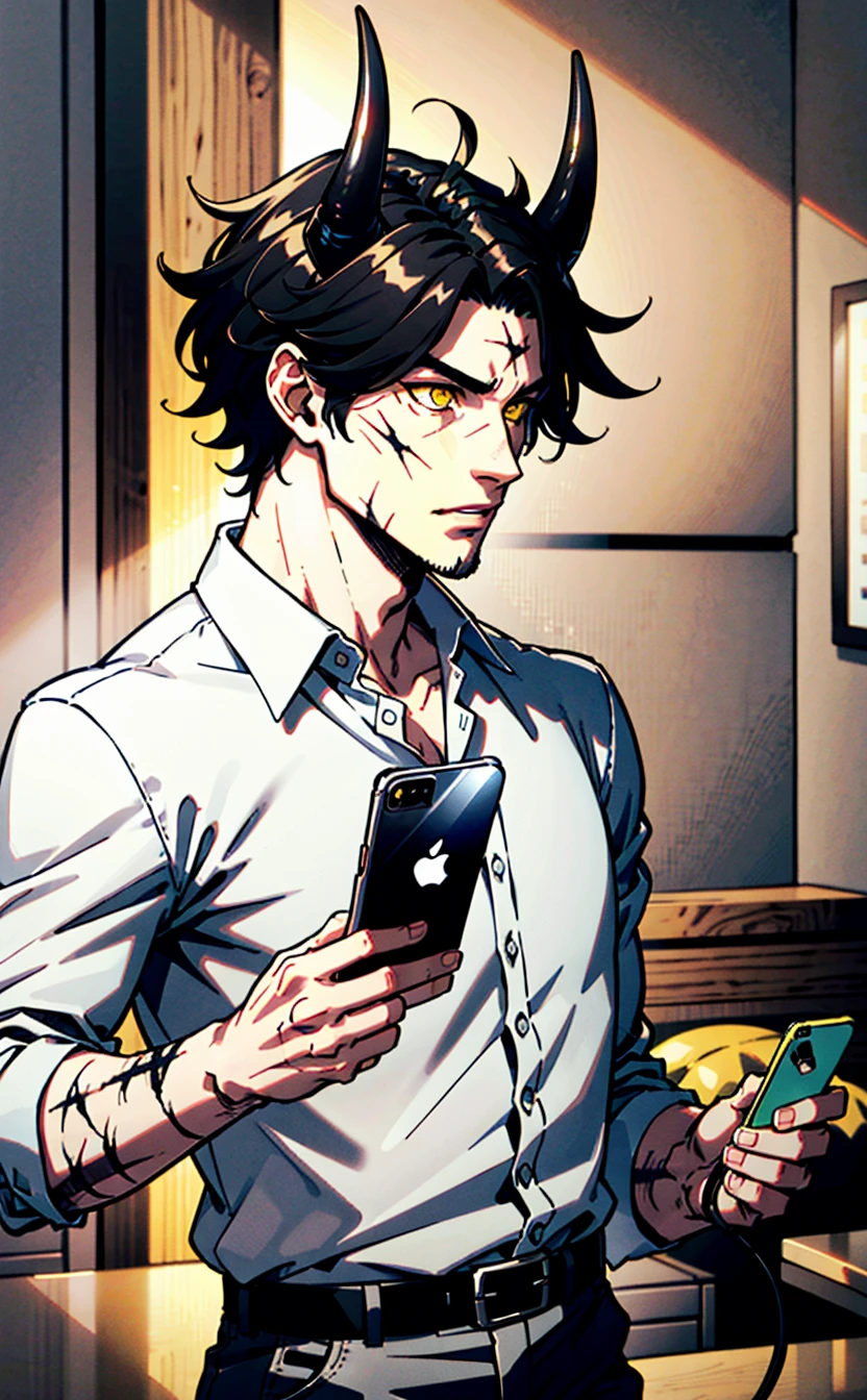 handsome male,white shirt,mammon,black hair,short hair,yellow eyes,demon horns,scar,holding_phone,