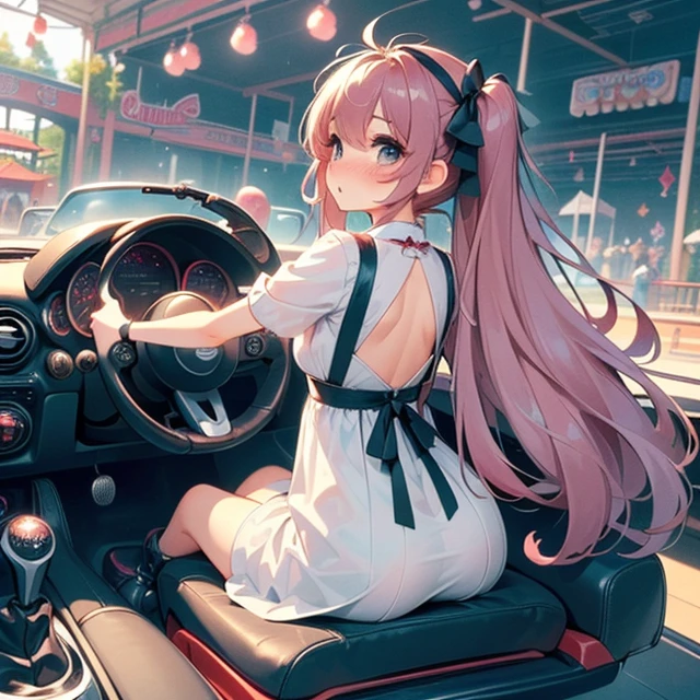 (((masterpiece))),  (((best quality))),  (((from behind))),  (((looking viewer))),  (((1girl sitting on mini bumper car))),  (((ground in indoor))),  (((amusement park))),  (((one-hand on steering wheel))),  drifting,  cute little dress,  wind,  ribbon longhair,  shy,  blush,<lora:EMS-262092-EMS:0.800000>