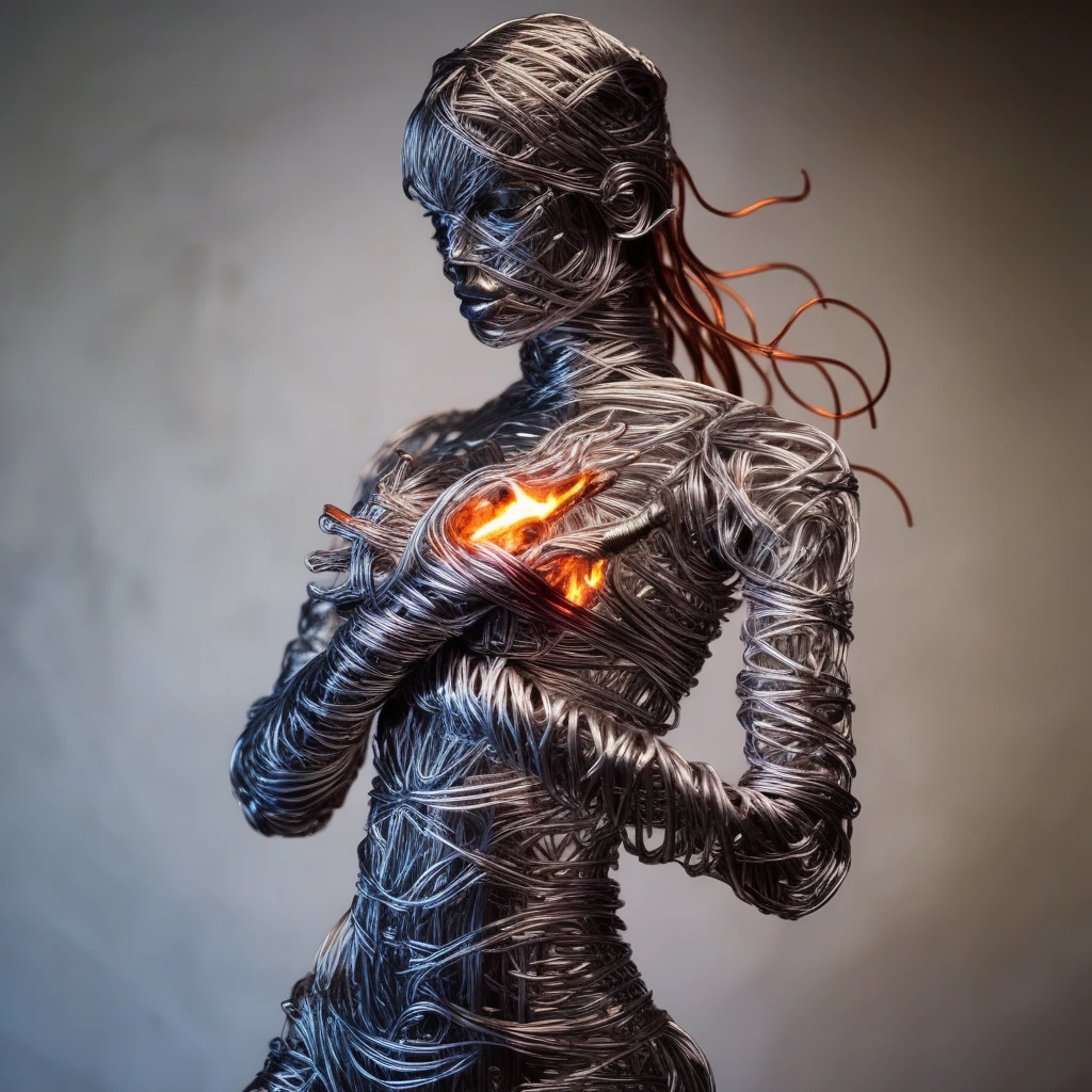 wirex wire sculpture cyborg girl the background hell flames <lora:wirex:0.8>