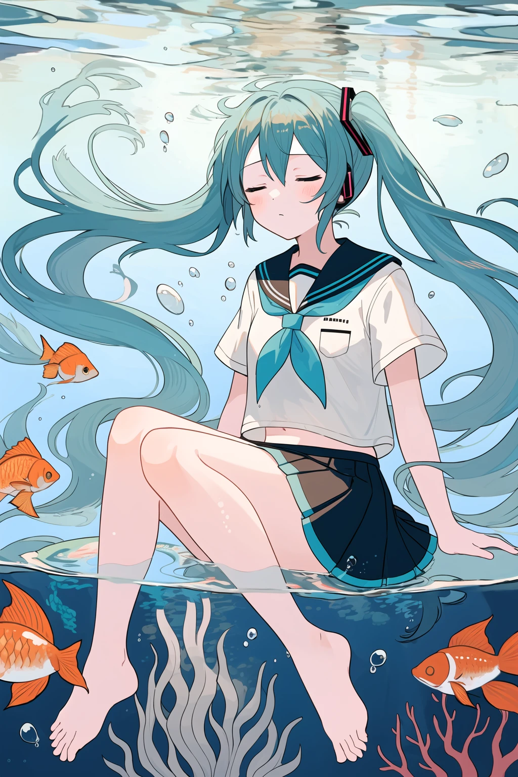 fish, 1girl, closed eyes, liquid hair, goldfish, solo, skirt, hatsune miku, long hair, barefoot, school uniform, serafuku, bubble, black skirt, shirt, white shirt, black sailor collar, underwater, short sleeves, ribbon, sailor collar, white background, floating hair, seaweed, air bubble, knees together feet apart, sitting