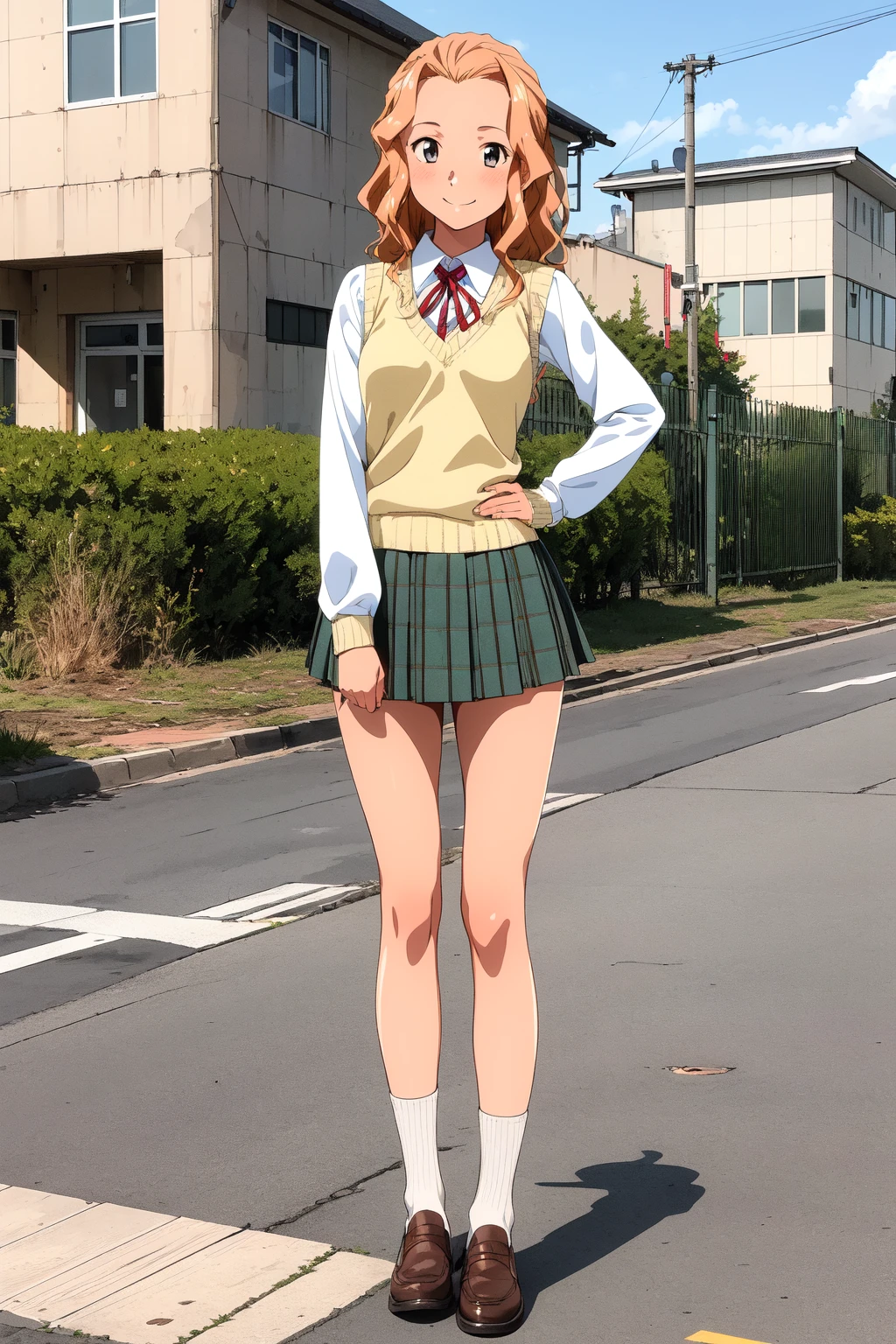 (RAW photo, best quality), 1girl, smile, solo, outdoor, in front of a school,
<lora:innai_kansen_shite_mizuho_v2_2-000003:1>, shite mizuho, hand on hip,
school uniform, ribbon, sweater vest, plaid skirt, beautiful legs, long legs, loose socks, loafers,