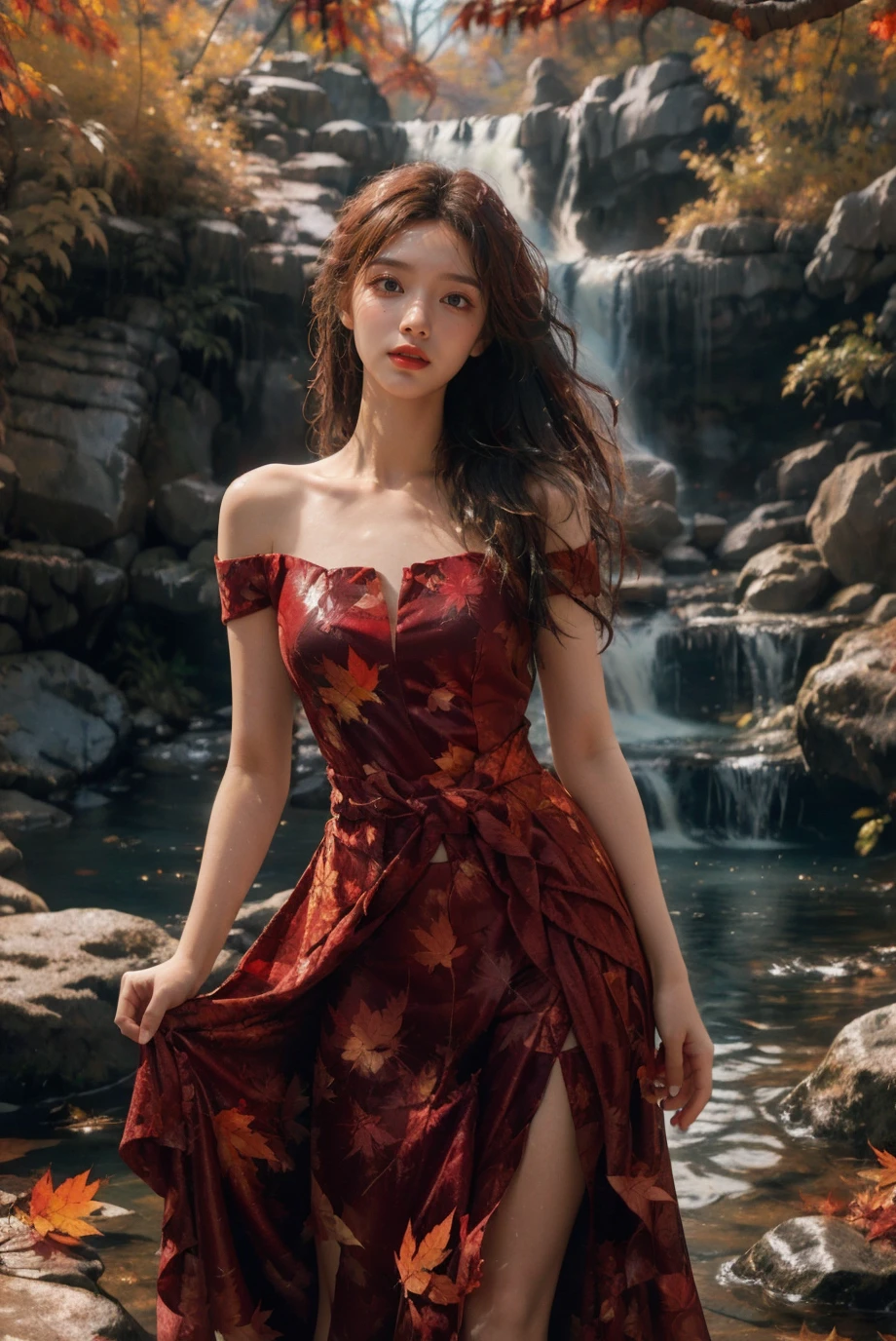 (fashion magazine cover:1.2),(full-size photograph:1.2),(a beautiful and delicate girl:1.2),gorgeous formal attire,(fashion design:1.1),a tender and watery gaze,elegant,
(waterfall:1.1),((Dadaism)),(smoky:1.1),<lora:maple leafå¶è½ç°å¢_v1.0:0.8>,ð,warm and delicate sunshine,