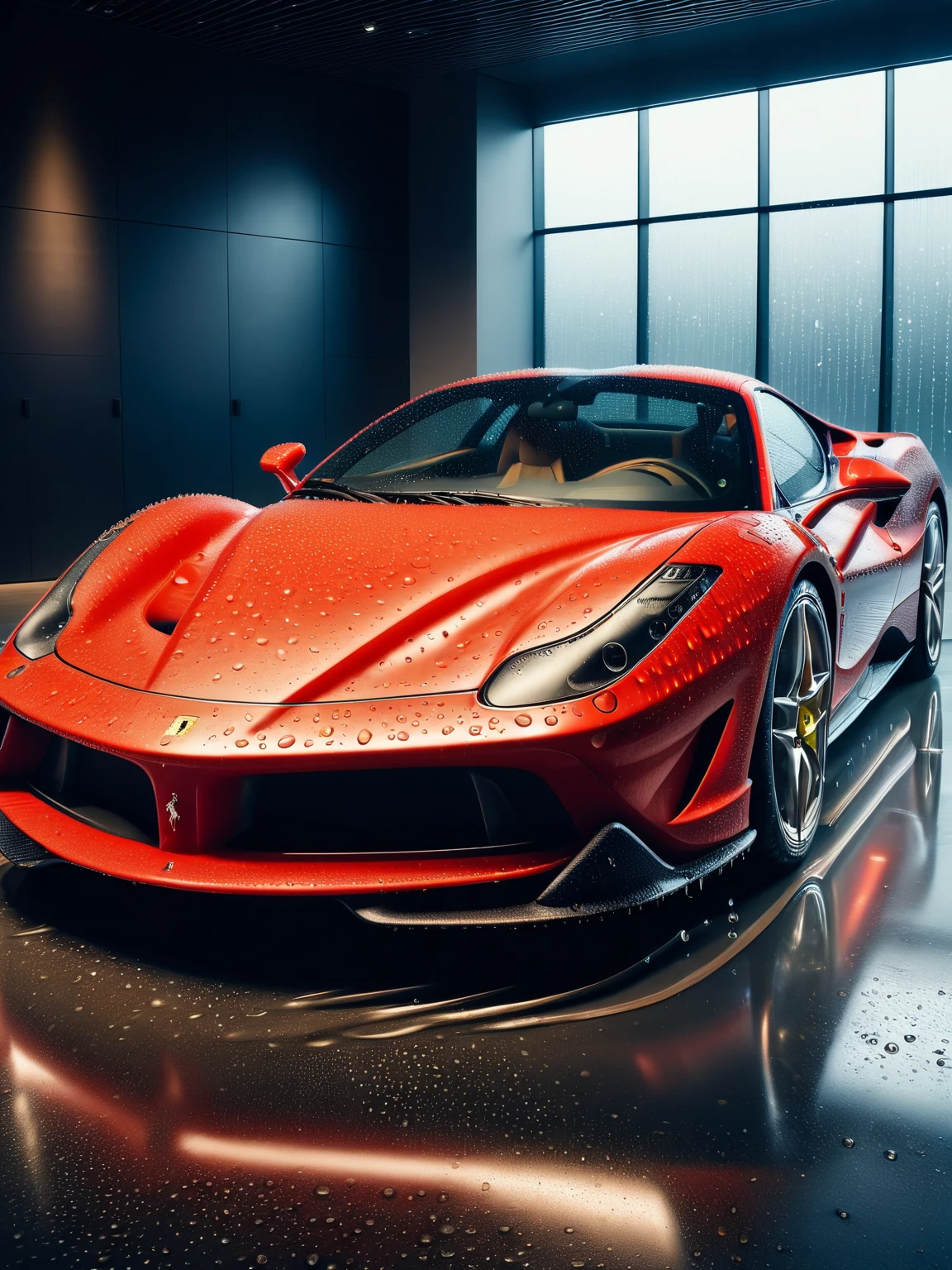 photo of ais-waterdrops Ferrari parked in a dimly lit showroom <lora:Waterdrops_Style_SDXL:1>