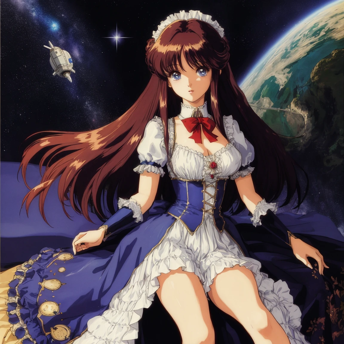 masterpiece HDR victorian,Lynn Minmay, portrait painting of woman, long hair, space, spaceship