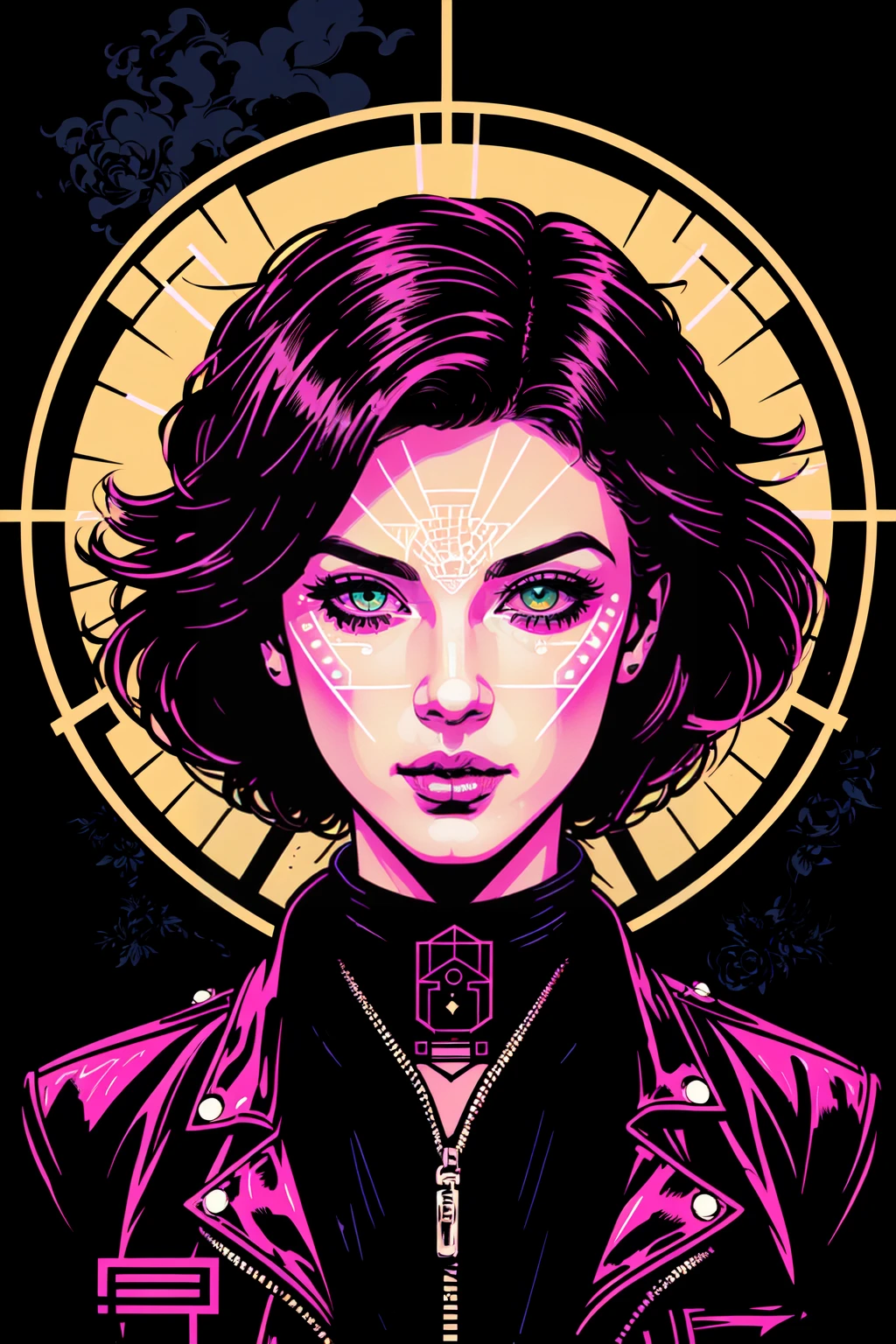 synthwave punk style, nvinkpunk , (symmetry:1.1), (portrait of floral:1.05), Charlie Bowater style, Lithography sketch of a woman as a beautiful goddess, leather jacket, punk vibes, (assassins creed style:0.8), beautiful intricate geo filegrid face paint, light leaks, geometric light grid, old paper texture, highly detailed, inked lines, art by Andy Kubert and Jim Lee, outrun, vaporwave, illustration, comic book style, shaded flat illustration, digital art, trending on artstation, highly detailed, fine detail, intricate, (fantasy), (cyberpunk), dynamic angle, CS-YBF