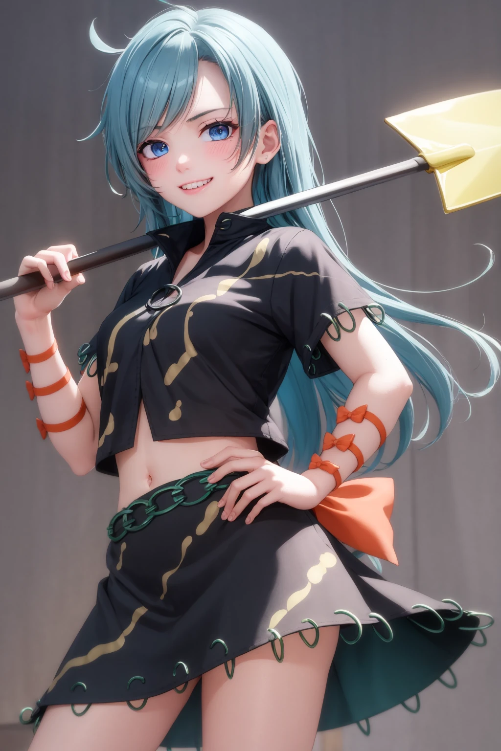 masterpiece, best quality, 
<lora:himemushimomoyo:1>,
1girl,long hair,blue hair,messy hair,ahoge,blue eyes,jewelry, ring,arm ribbon,orange bow,short sleeves,black shirt,navel,black skirt,leg ribbon,
shovel, holding, holding shovel,
grey background, cowboy shot, grin,