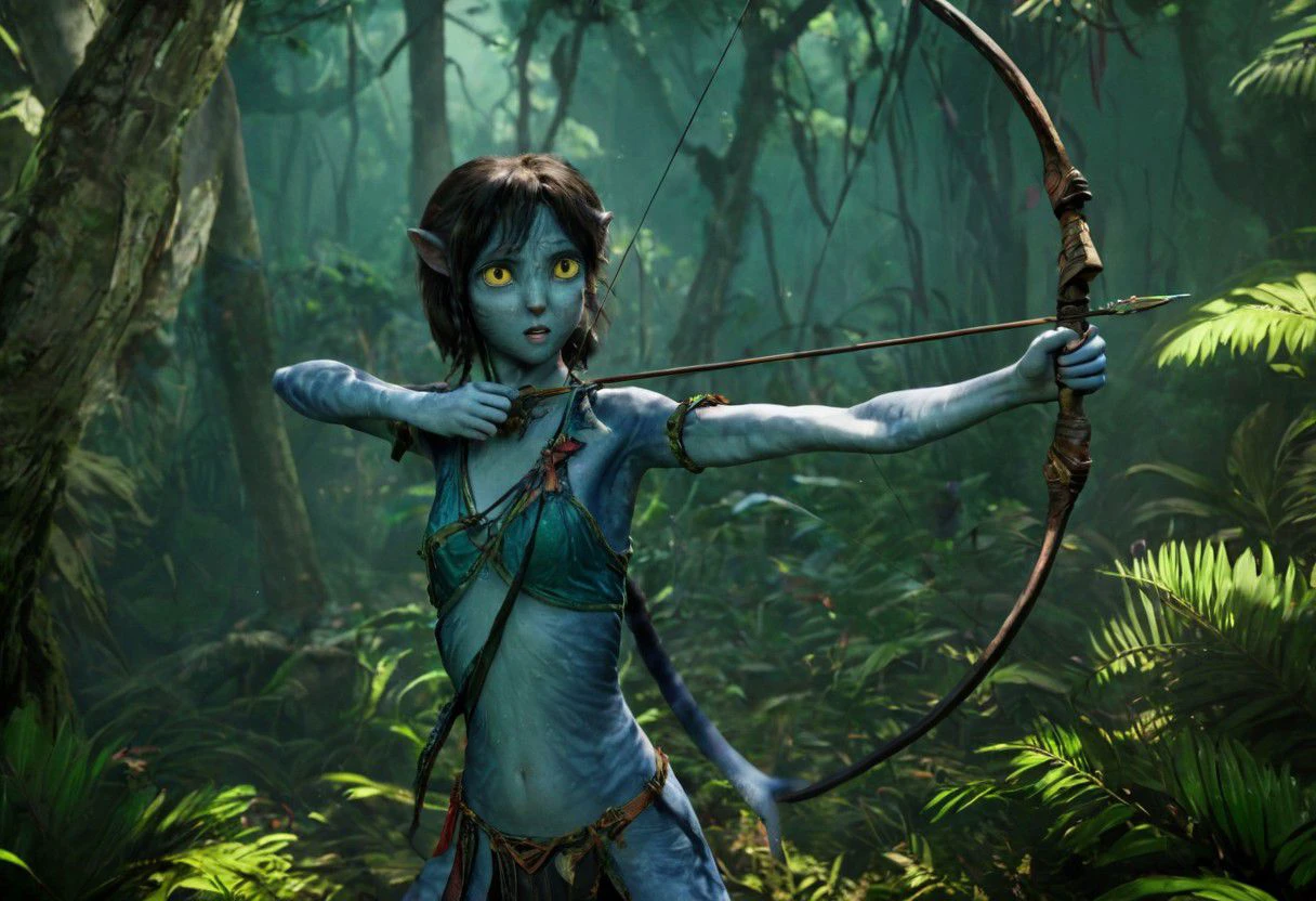 Kiri is aiming with a bow in a woods, pulling the tit of the bow, vary focused face, detailed face, (full body), big eyes wide open, jungle, SK_CINEMATIC