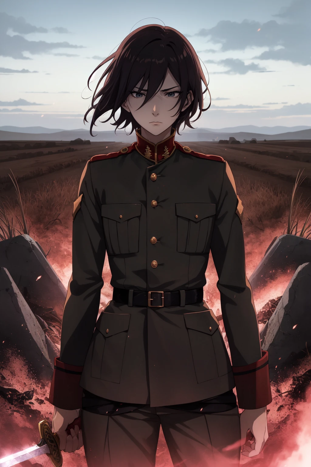 Anime illustration of a man, short hair, fighting a war on the trenches, 4k, waist up shot, centered, detailed, looking at viewer, sad, sword, distant