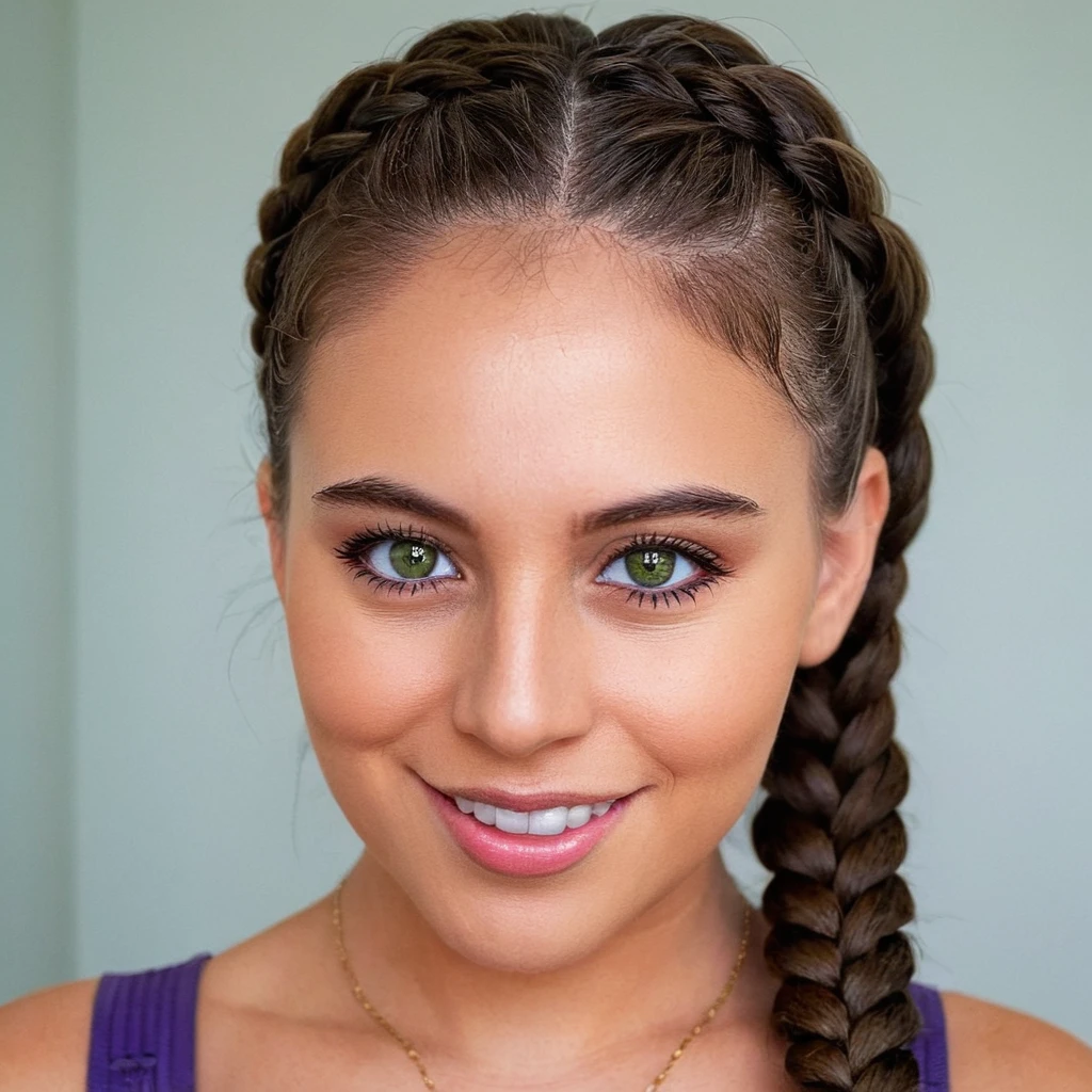 violetb a woman portrait smiling braids hair green eyes, pretty, fine detail, dramatic light, cinematic, background, shiny, colorful, strong crisp quality, atmosphere, extremely detailed, intricate, beautiful, sharp focus, perfect composition, epic, ambient, highly decorated, professional, creative, pure, quiet, cute, confident, best, thoughtful, color, clear