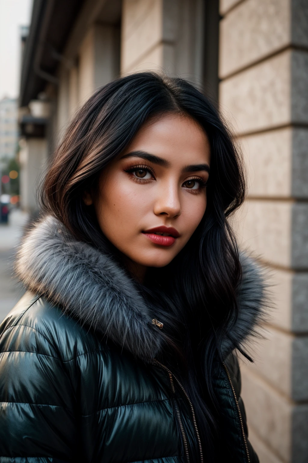 photo of (EPM4cWh4l3:0.99), closeup portrait, perfect hair, (modern photo, Faux fur-trimmed puffer coat in a glossy metallic finish for a statement look), 24mm, (analog, cinematic, film grain:1.3), (([courtyard, mirrors,heater,air conditioner,cutlery (forks, knives, spoons), marble stone, kerosene lamps, wall washers| atlantis], gradient:1.1)), ((detailed eyes)), ((eyeliner, long lashes)), (epicPhoto), long eyelashes, (perfect waist), (painted lips)
